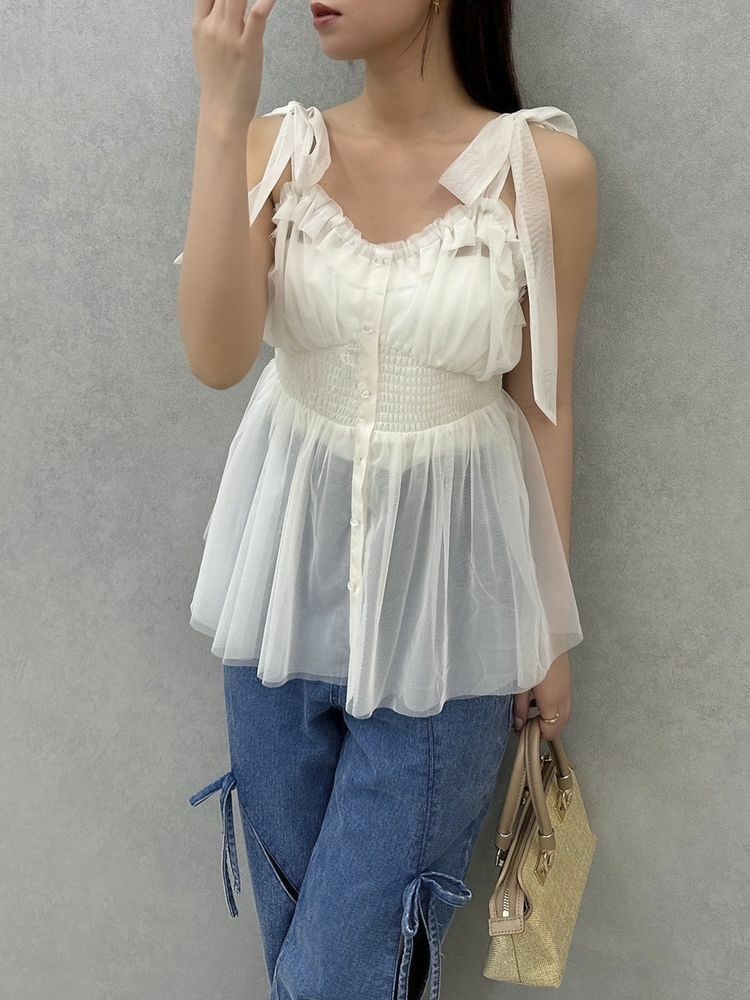 Dazzlin 肩部蝴蝶結薄紗荷葉邊上衣
