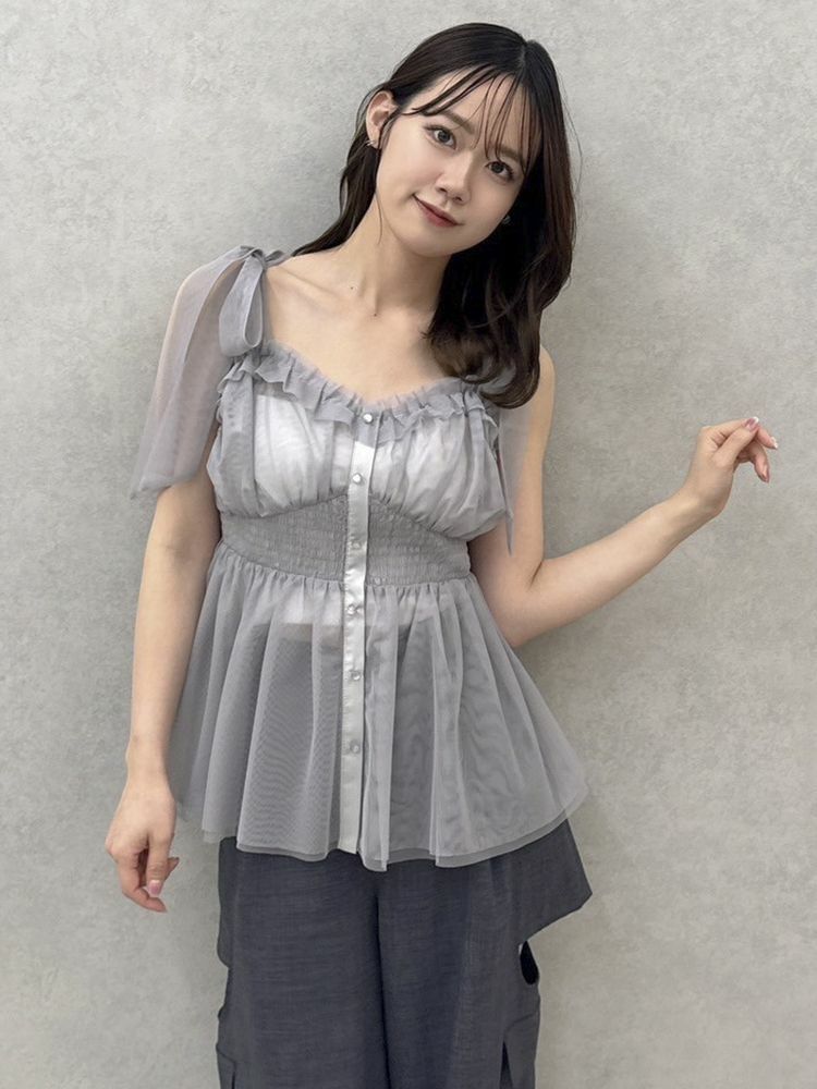 Dazzlin 肩部蝴蝶結薄紗荷葉邊上衣