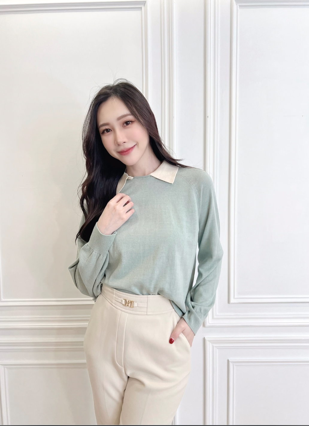 可拆式撞色領針織上衣