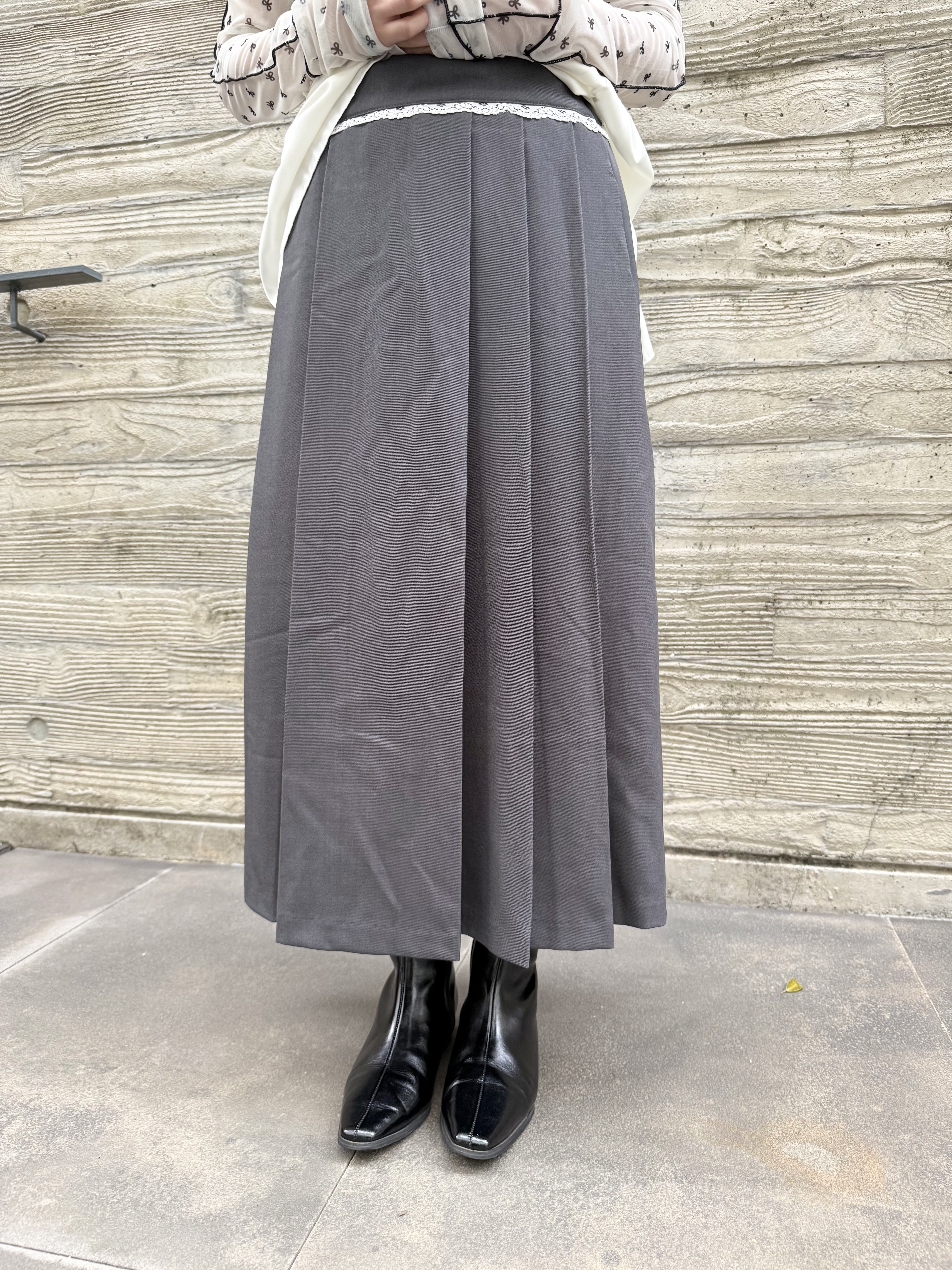 [兩色入]LACE邊西裝百褶中長SK( Charcoal )