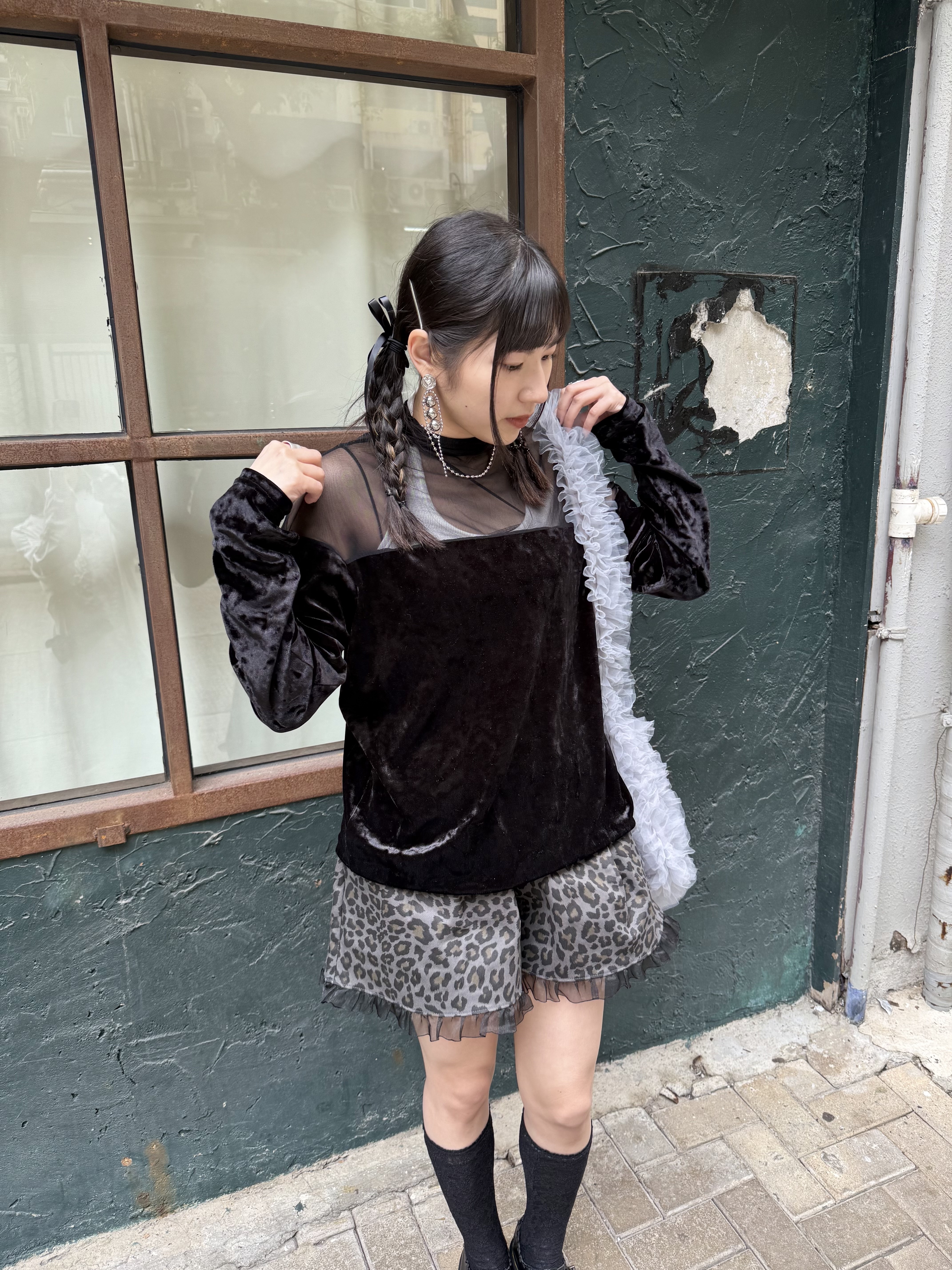 半透紗拼絨面TOP