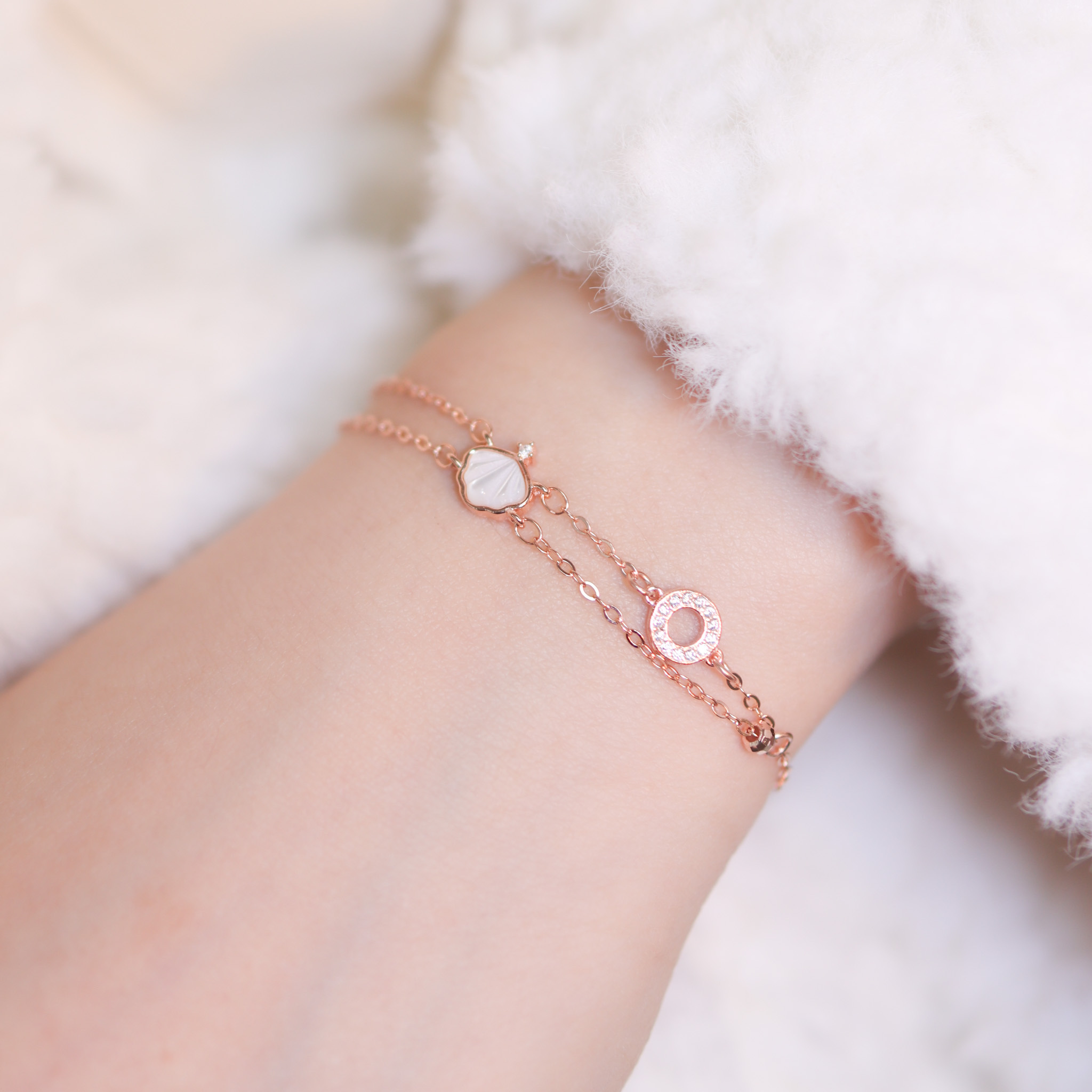 | 925純銀・ 玫瑰金 | 純潔貝殼雙層手鏈 | BR1264 |