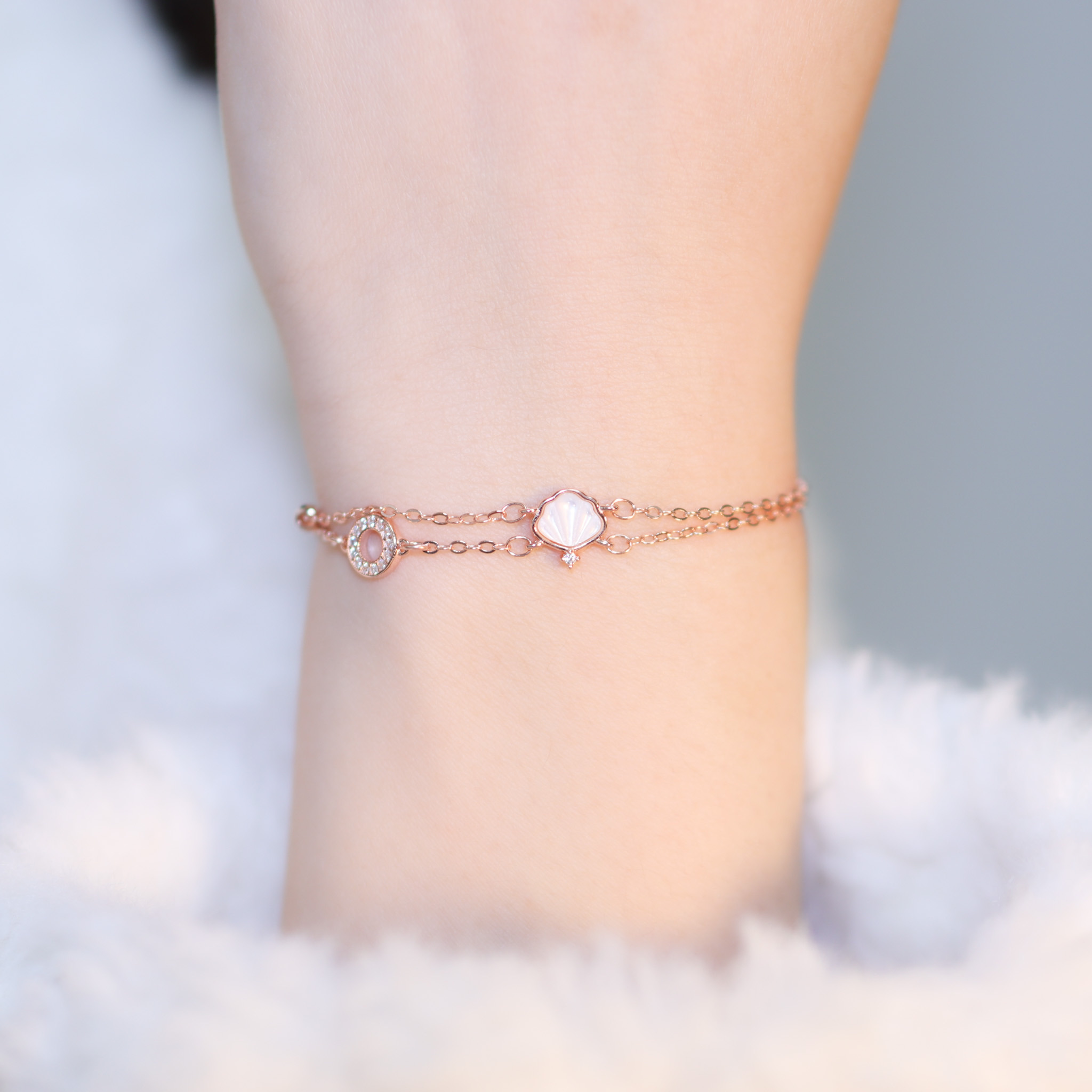 | 925純銀・ 玫瑰金 | 純潔貝殼雙層手鏈 | BR1264 |