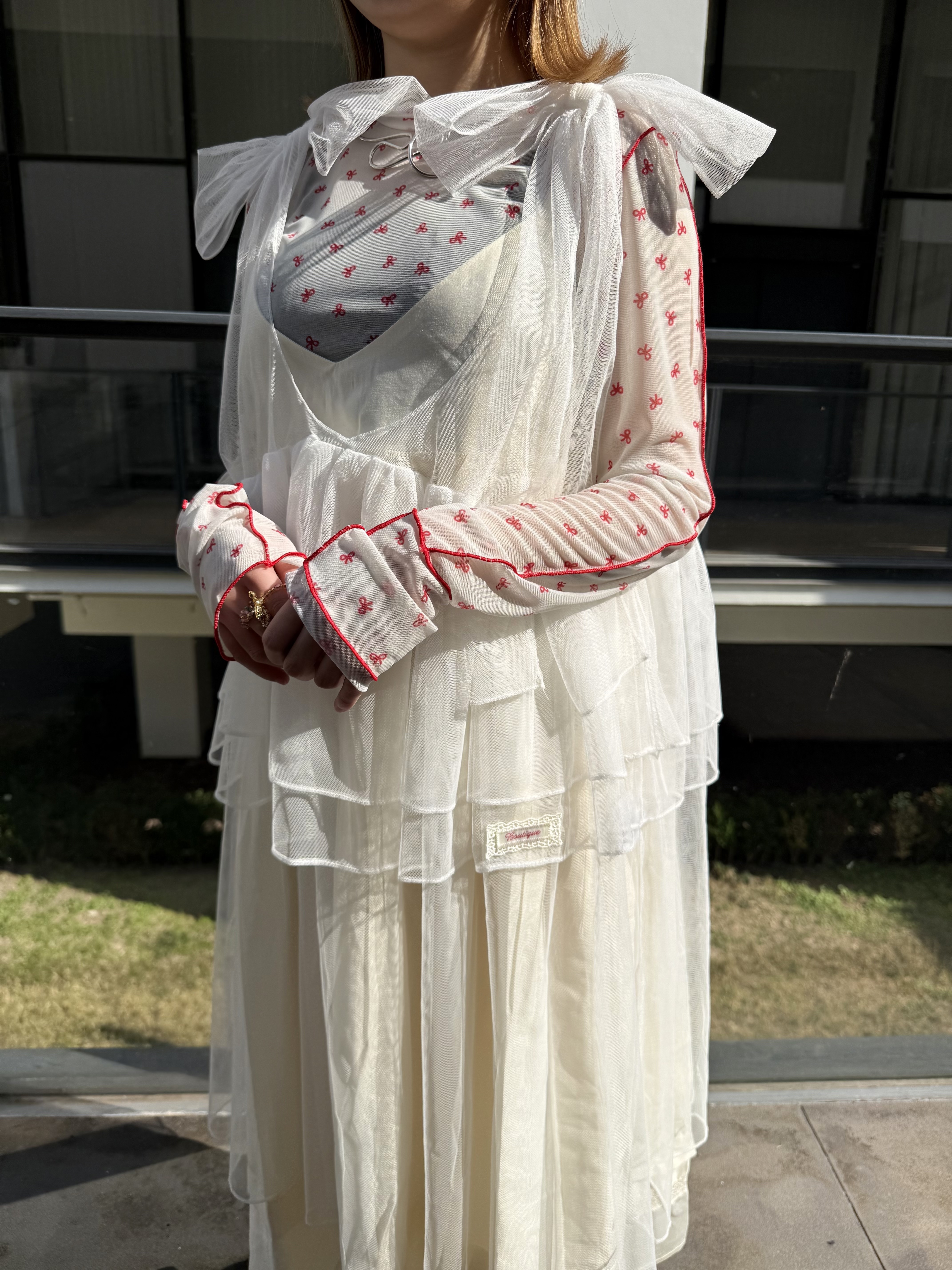 日系撞色蝴蝶結紗紗短TOP