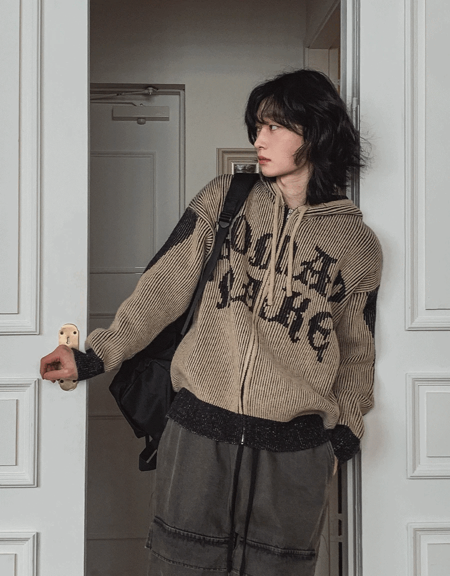 字母針織連帽拉鍊衫