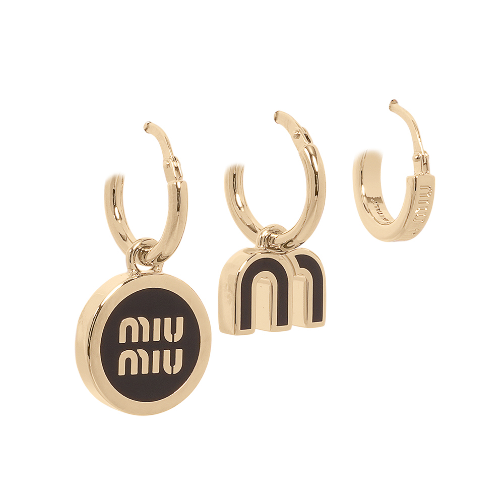 【MIU MIU】Logo 標誌琺瑯及金屬針式耳環三件組(黑色)5IO102 2F6T F0002