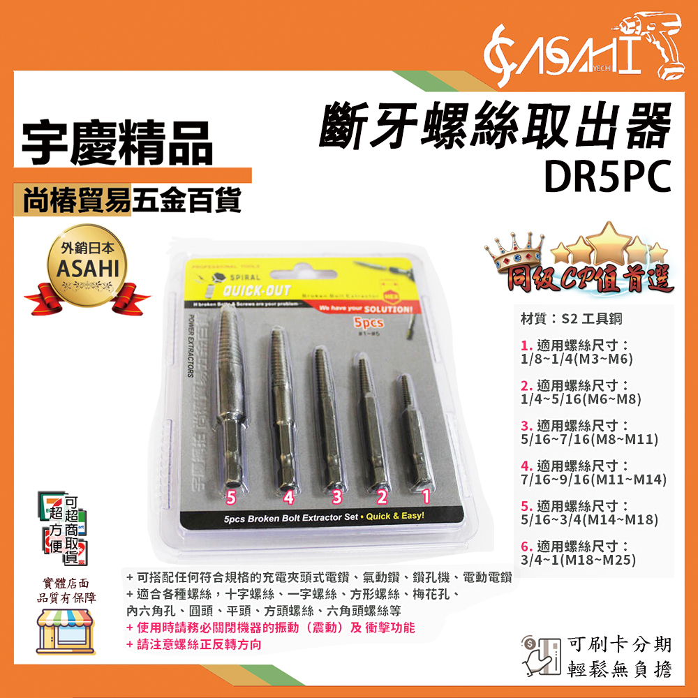 附發票｜DR5PC斷牙螺絲取出器倒牙螺絲攻5支｜  退牙器 螺絲拔取器 斷頭螺絲救星