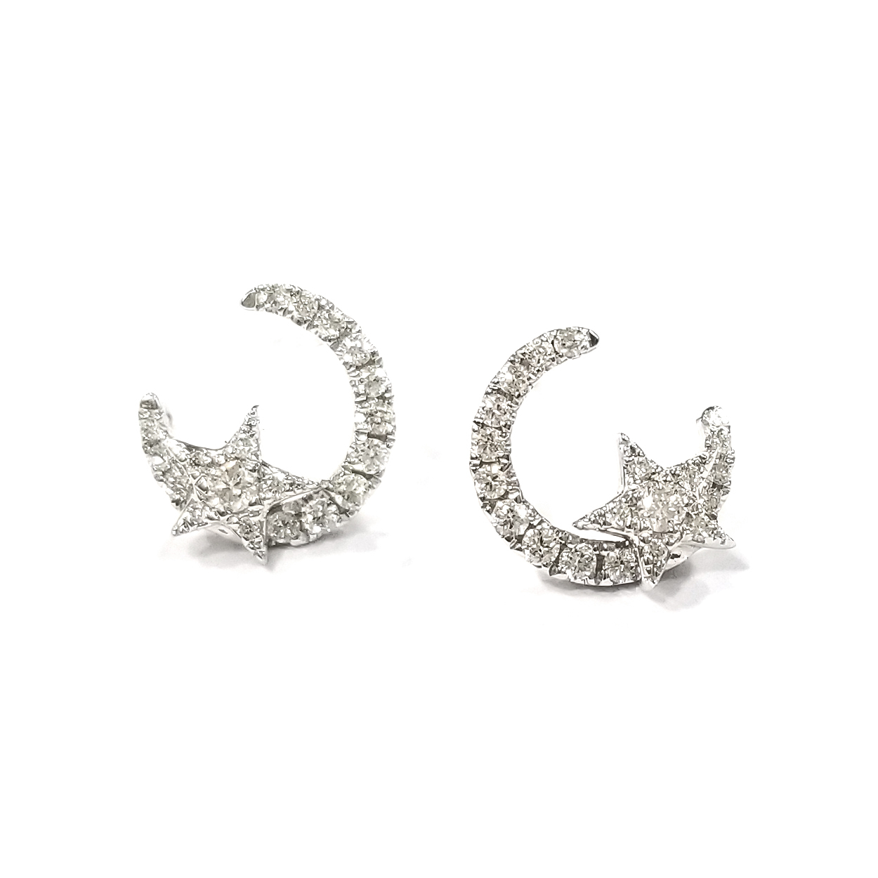 18K白金天然鑽石星星月亮耳環