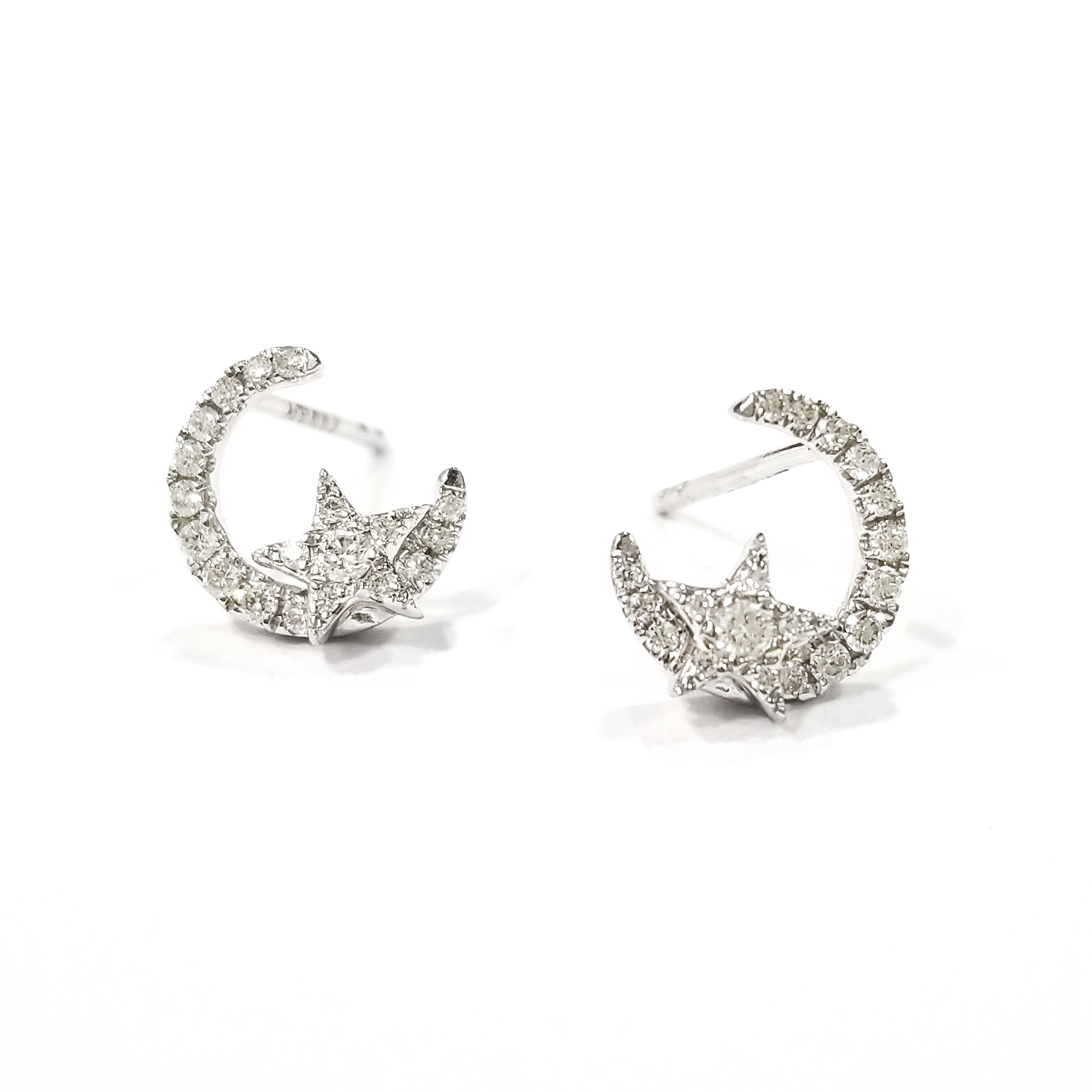 18K白金天然鑽石星星月亮耳環