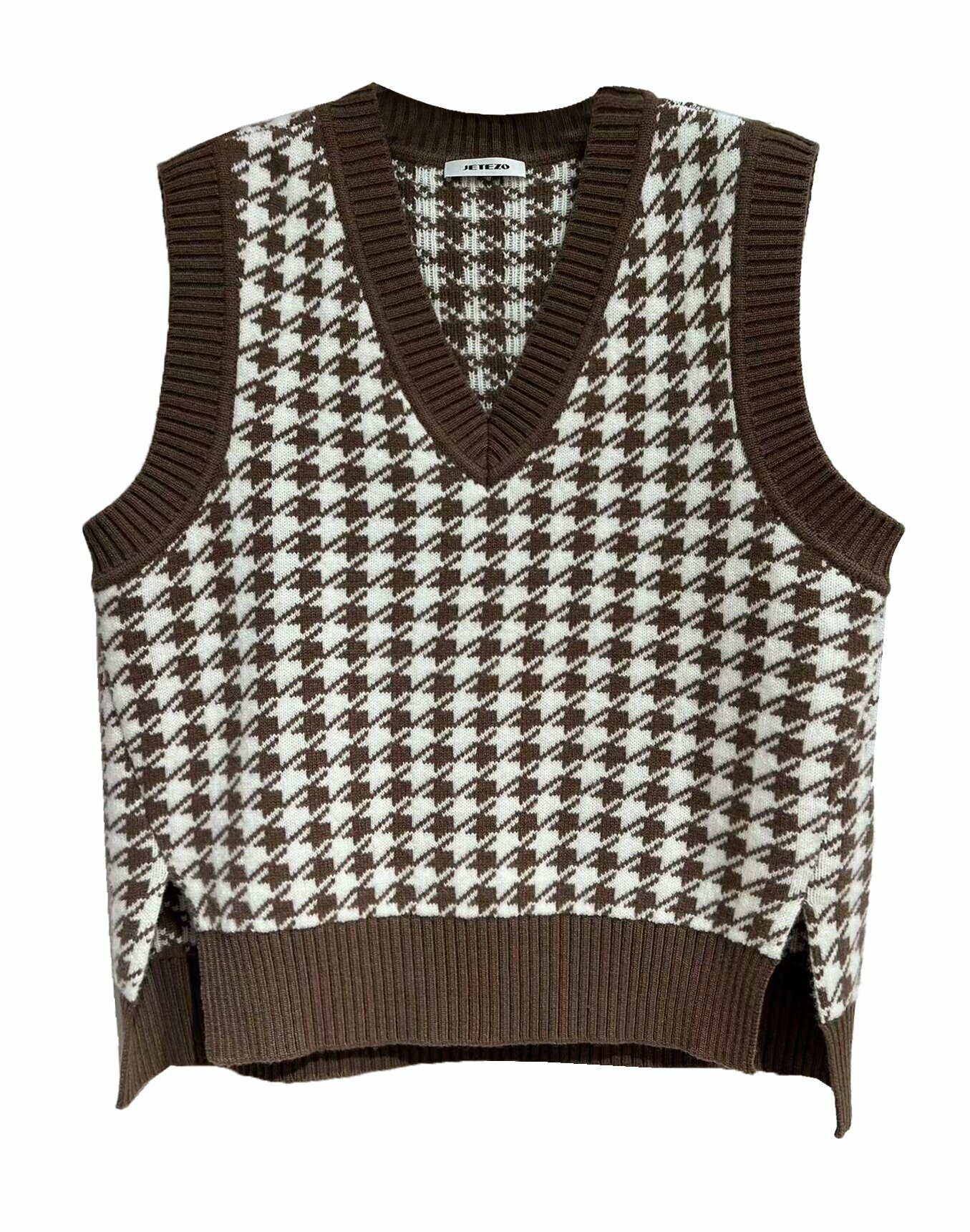 BD15209Y1 英倫千鳥格羅紋滾邊 V 領針織背心