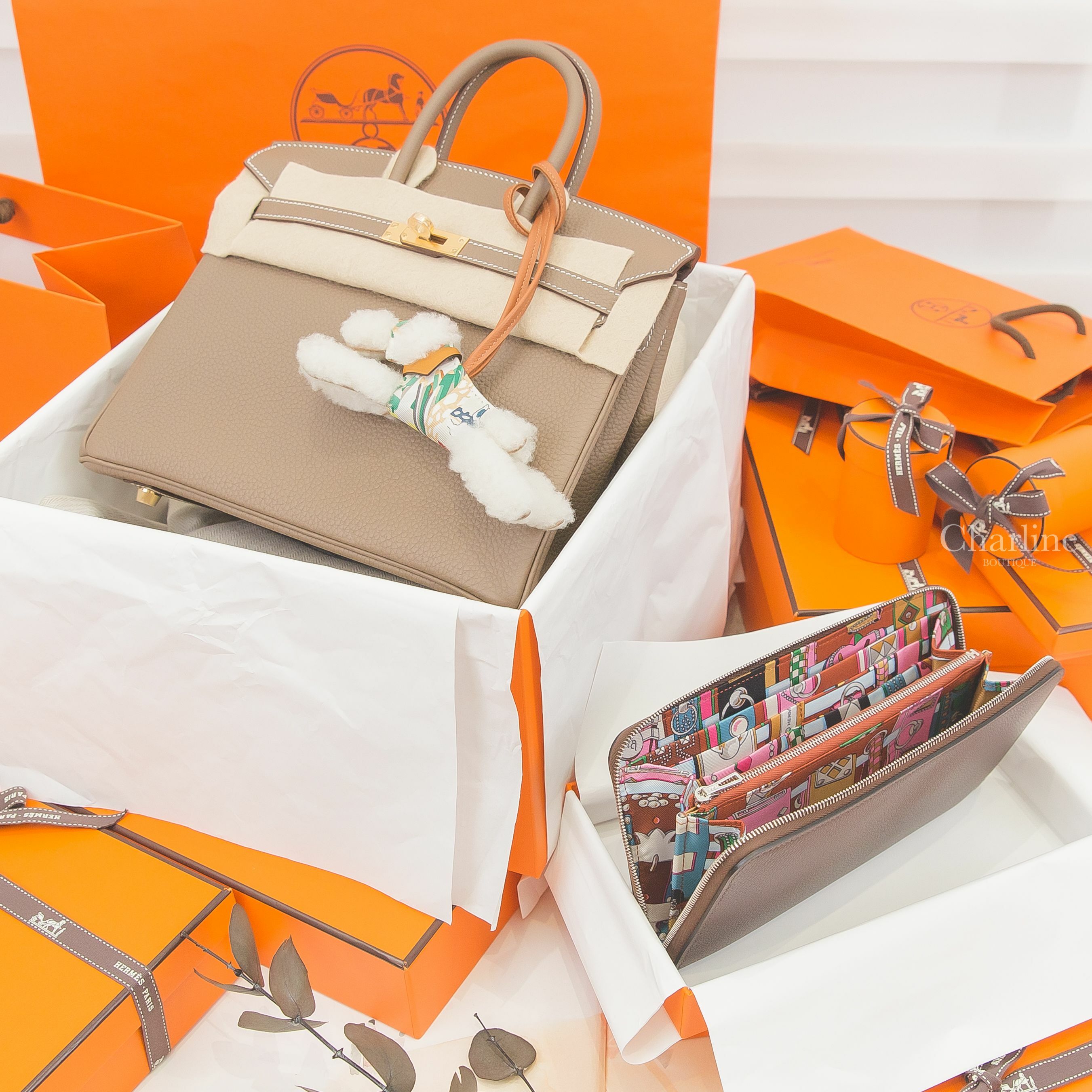 Hermès Birkin 25cm 大象灰金釦,Hermès 摩卡色絲巾長夾,Hermès Budy Charm 棕色羊皮/彩色真絲衣服羊毛獵狐梗犬吊飾-Charline Boutique 精品代購