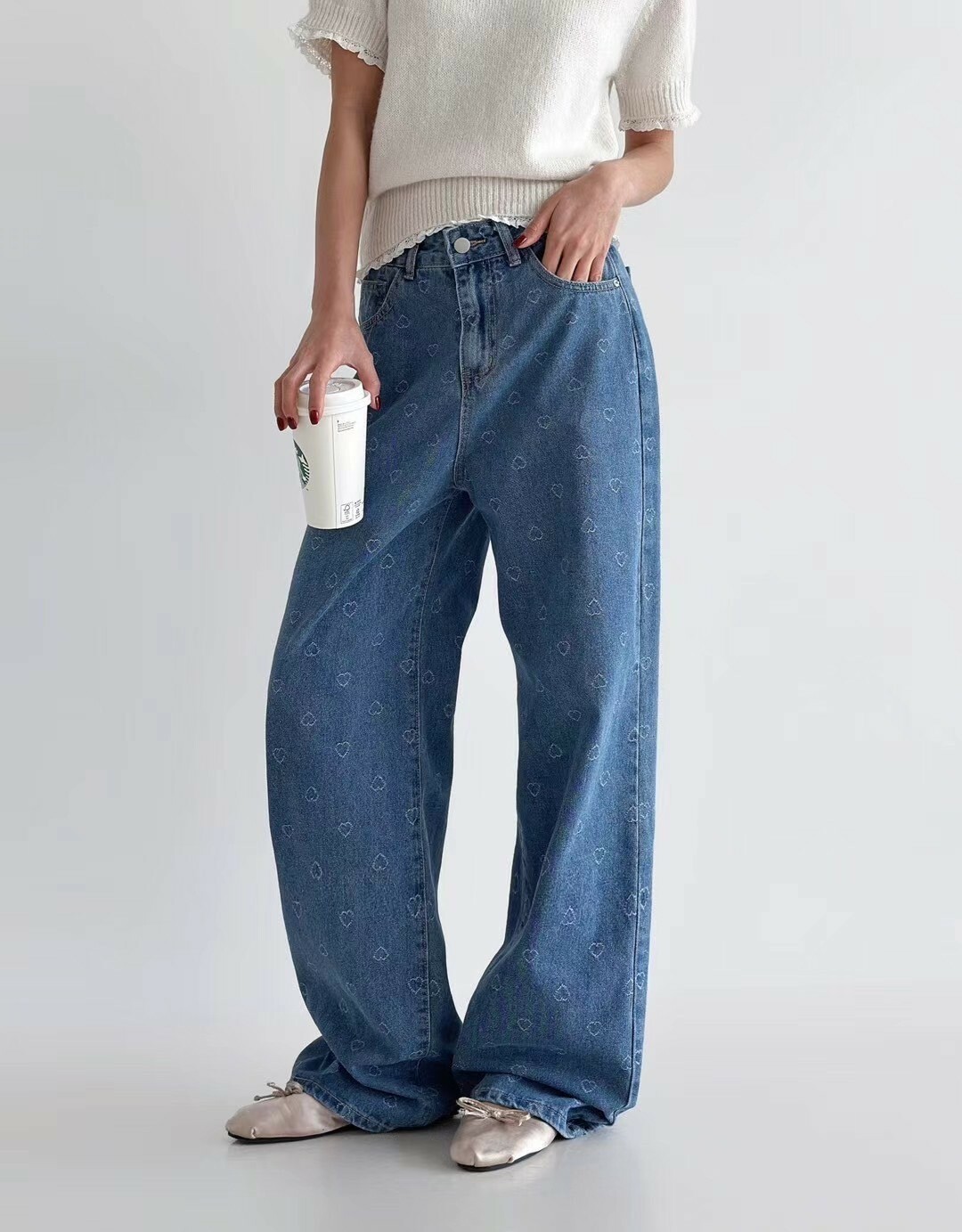 滿版小愛心牛仔寬褲
