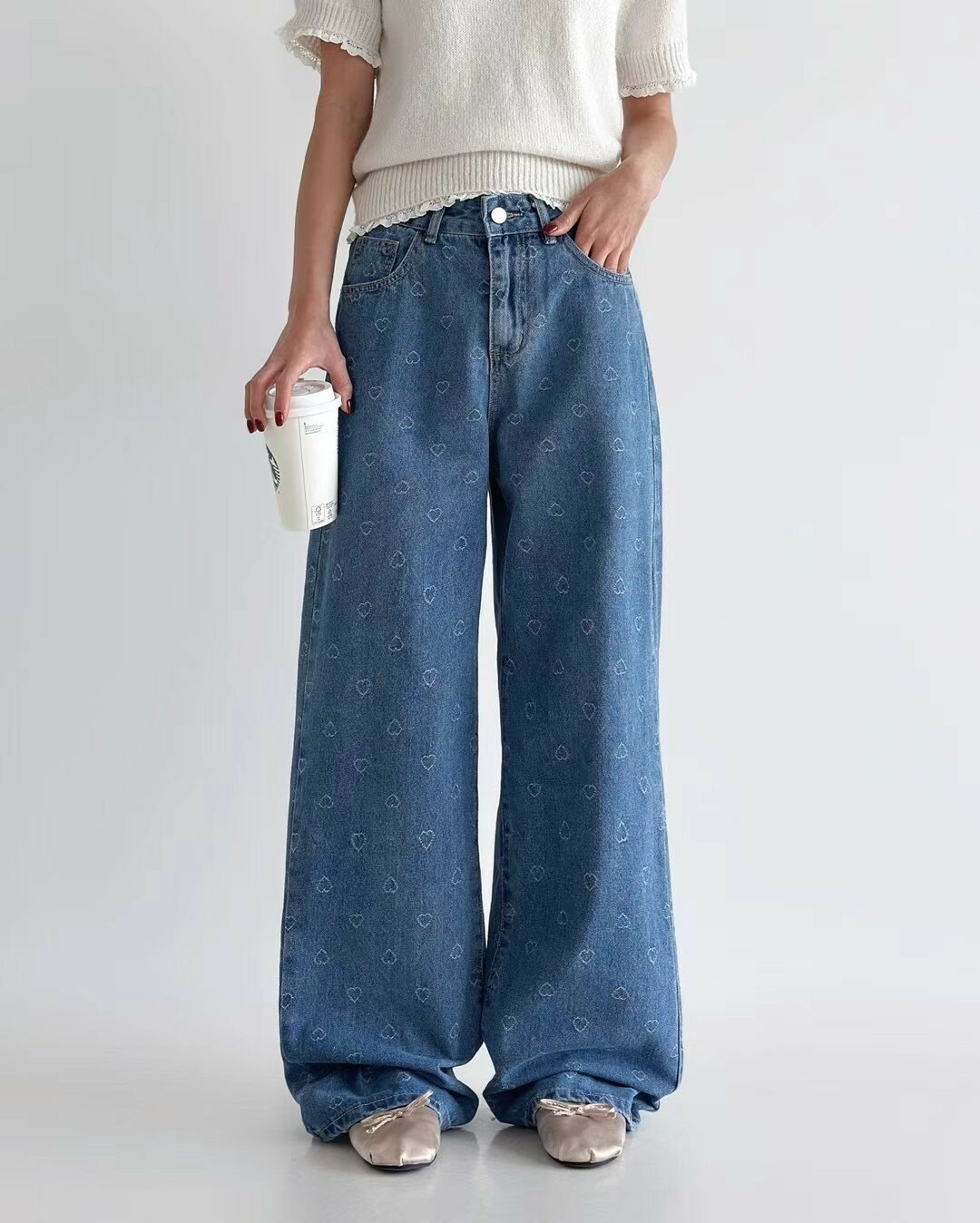 滿版小愛心牛仔寬褲