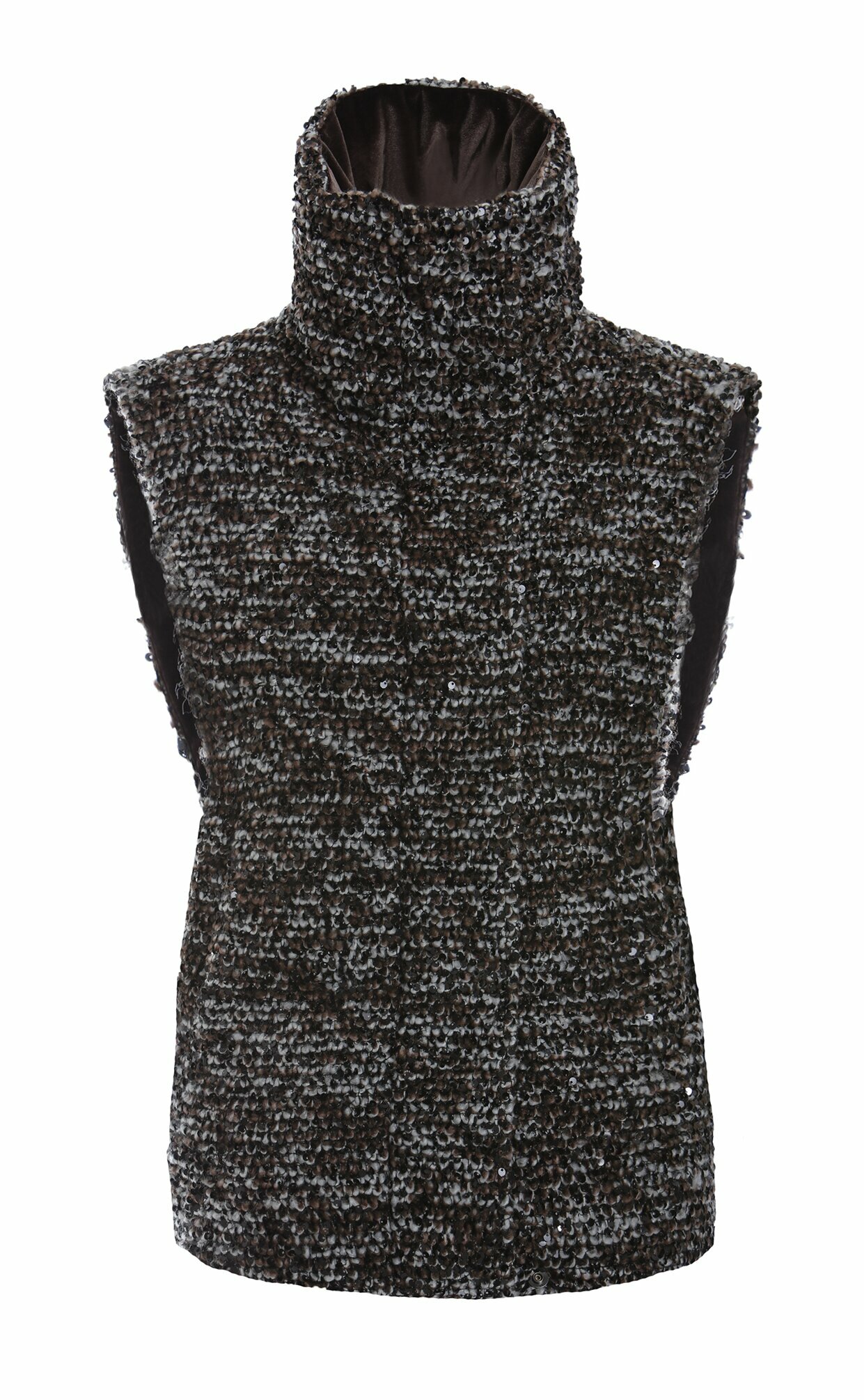 BD15106Y1 霧褐高領亮片粗花呢無袖羽絨背心 (鵝絨)*