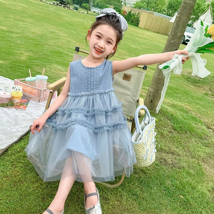 無袖牛仔拼接蛋糕紗裙 90-140cm