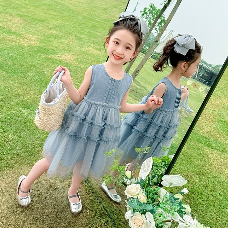 無袖牛仔拼接蛋糕紗裙 90-140cm