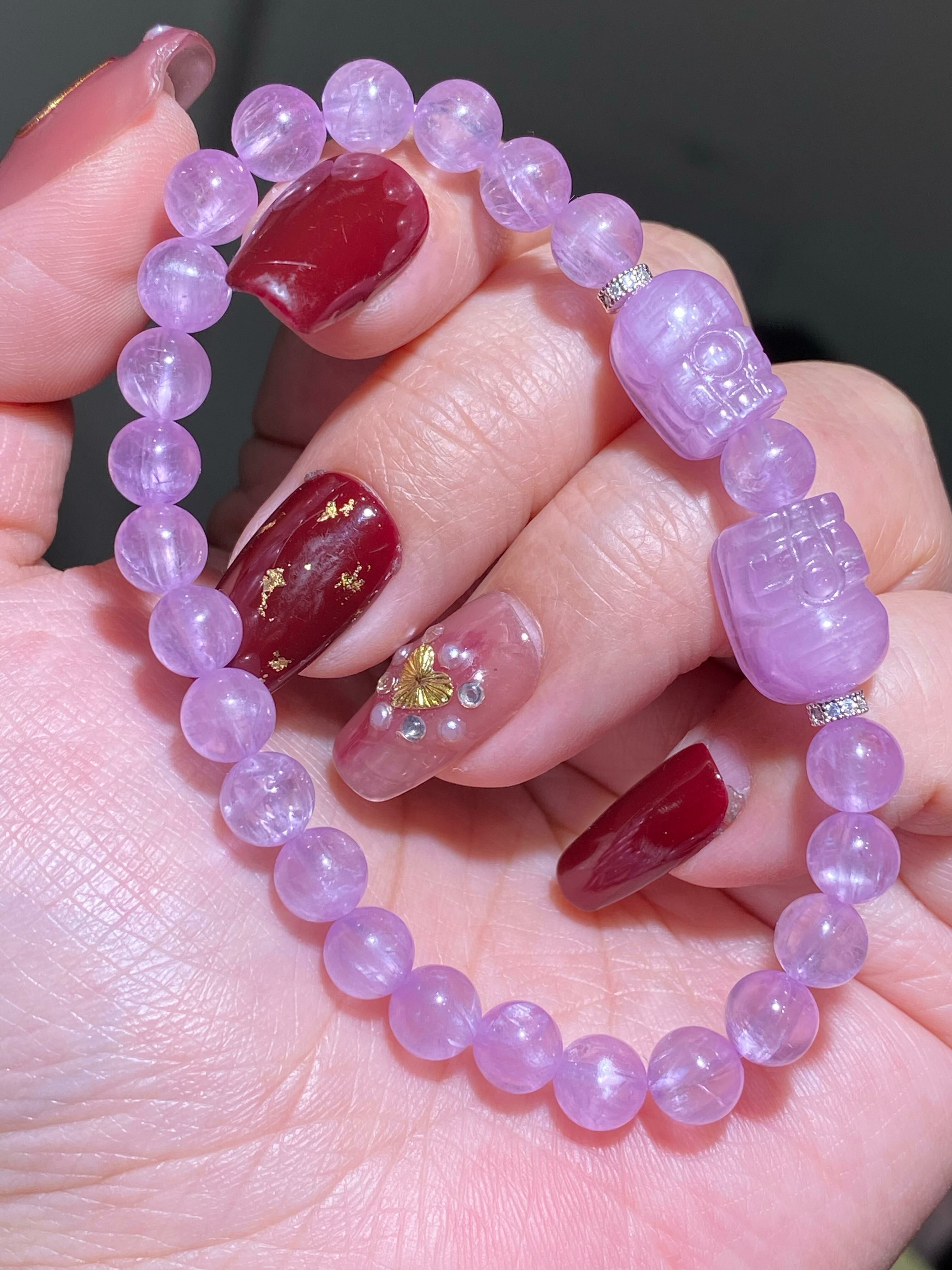 極紫冰種紫鋰輝配雙貔貅手串