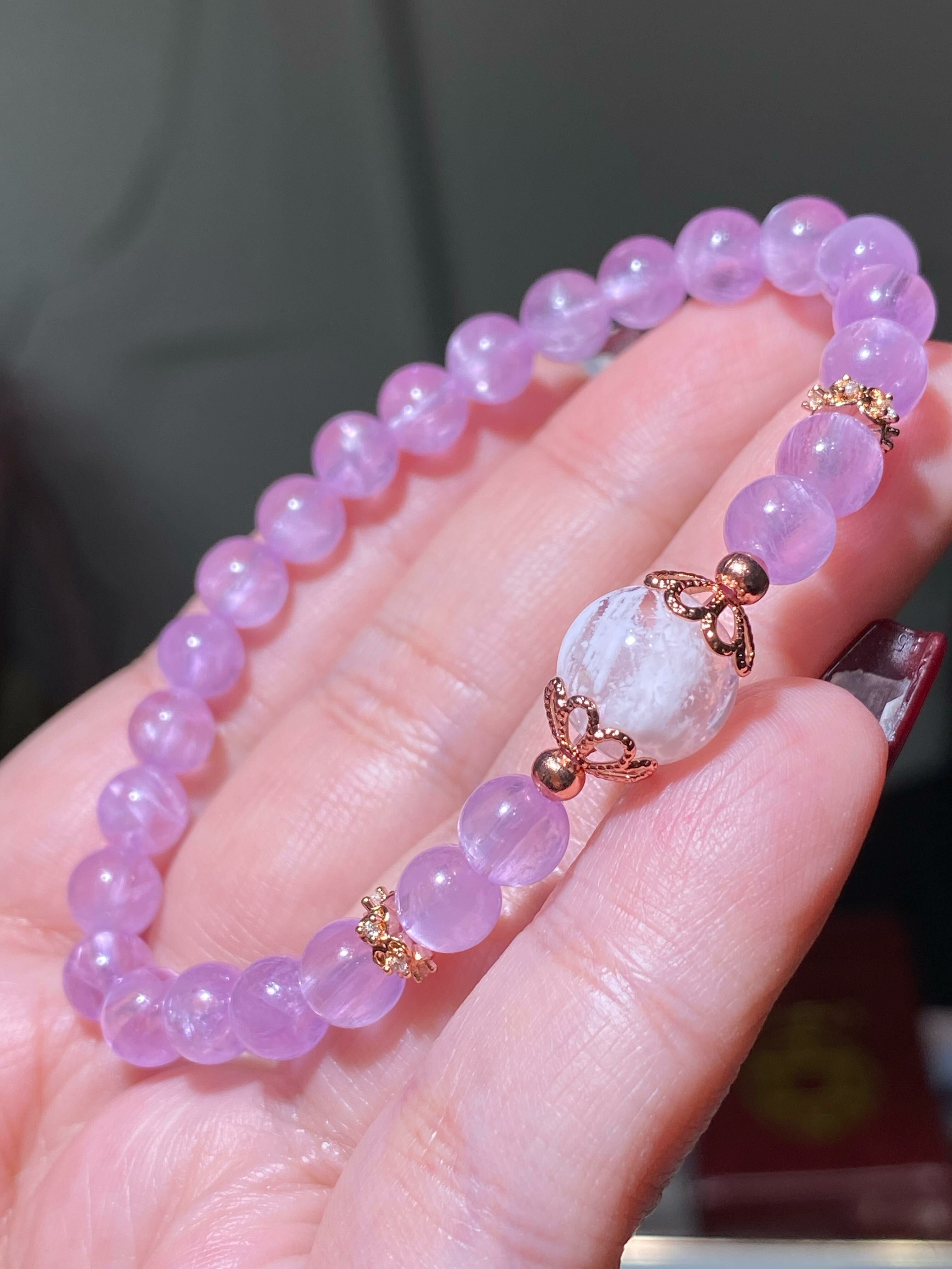 極紫冰種紫鋰輝配粉雪花幽靈珠DIY