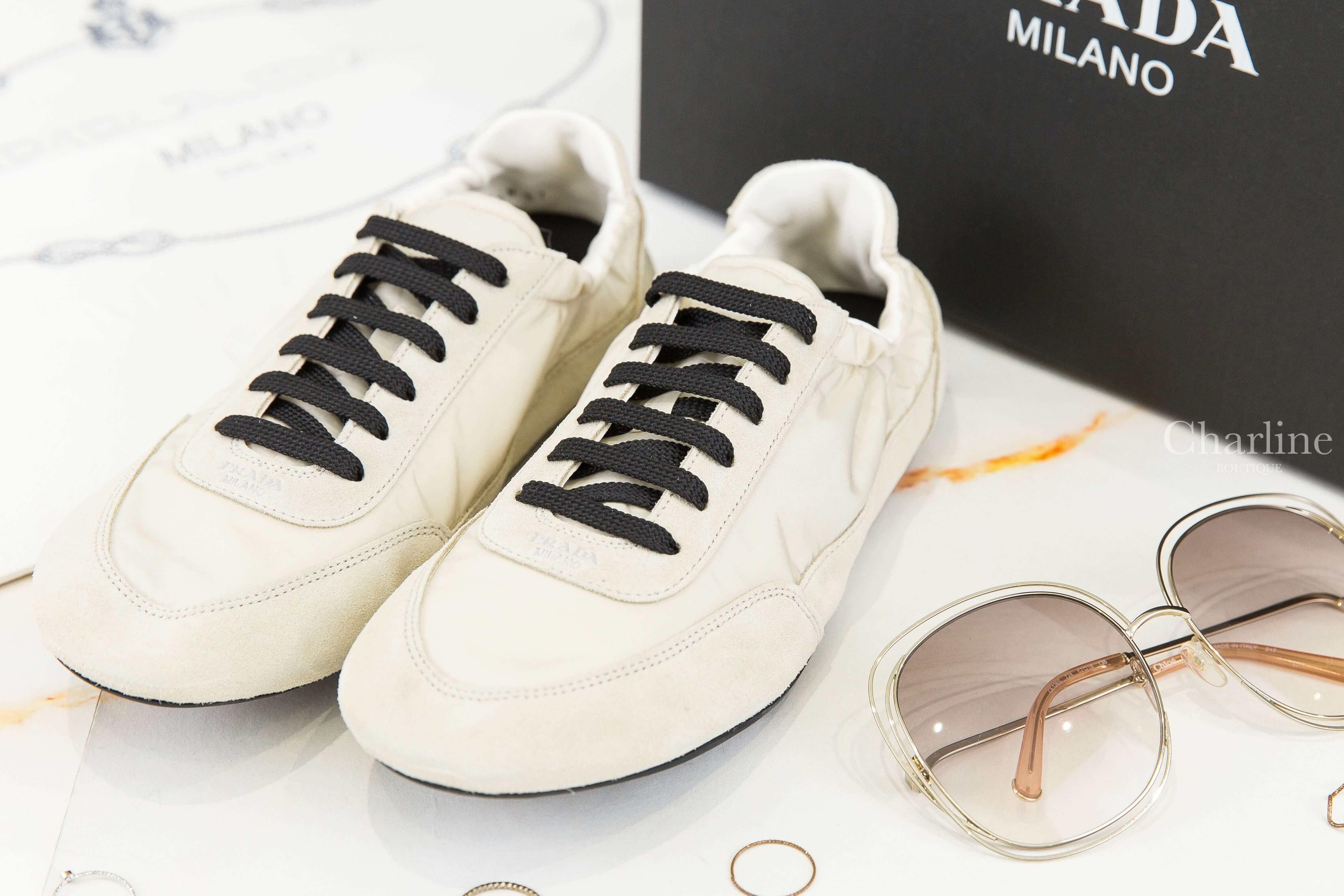 Prada Collapse Re-nylon And Suede Sneakers 香草白再生尼龍拼麂皮黑色鞋帶芭蕾舞球鞋-Charline Boutique 精品代購