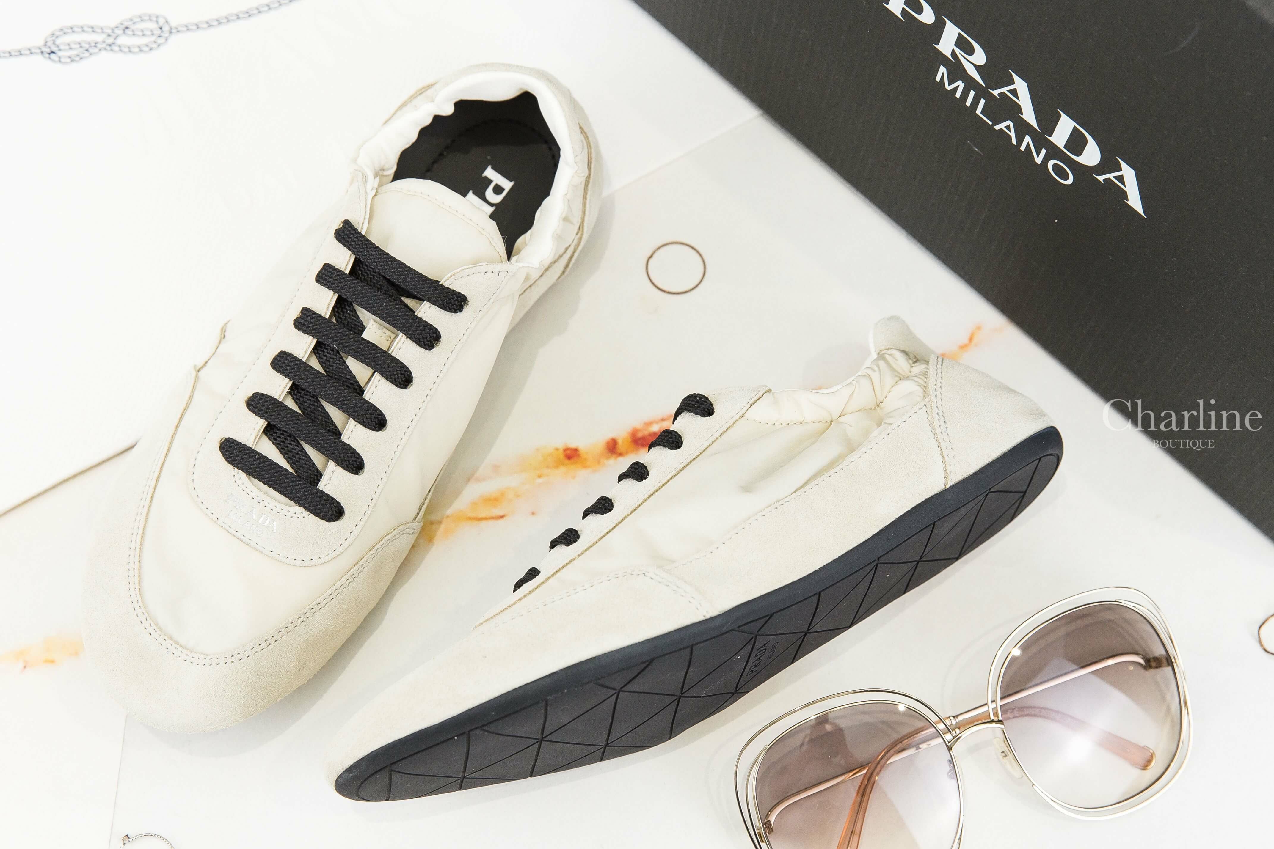 Prada Collapse Re-nylon And Suede Sneakers 香草白再生尼龍拼麂皮黑色鞋帶芭蕾舞球鞋-Charline Boutique 精品代購