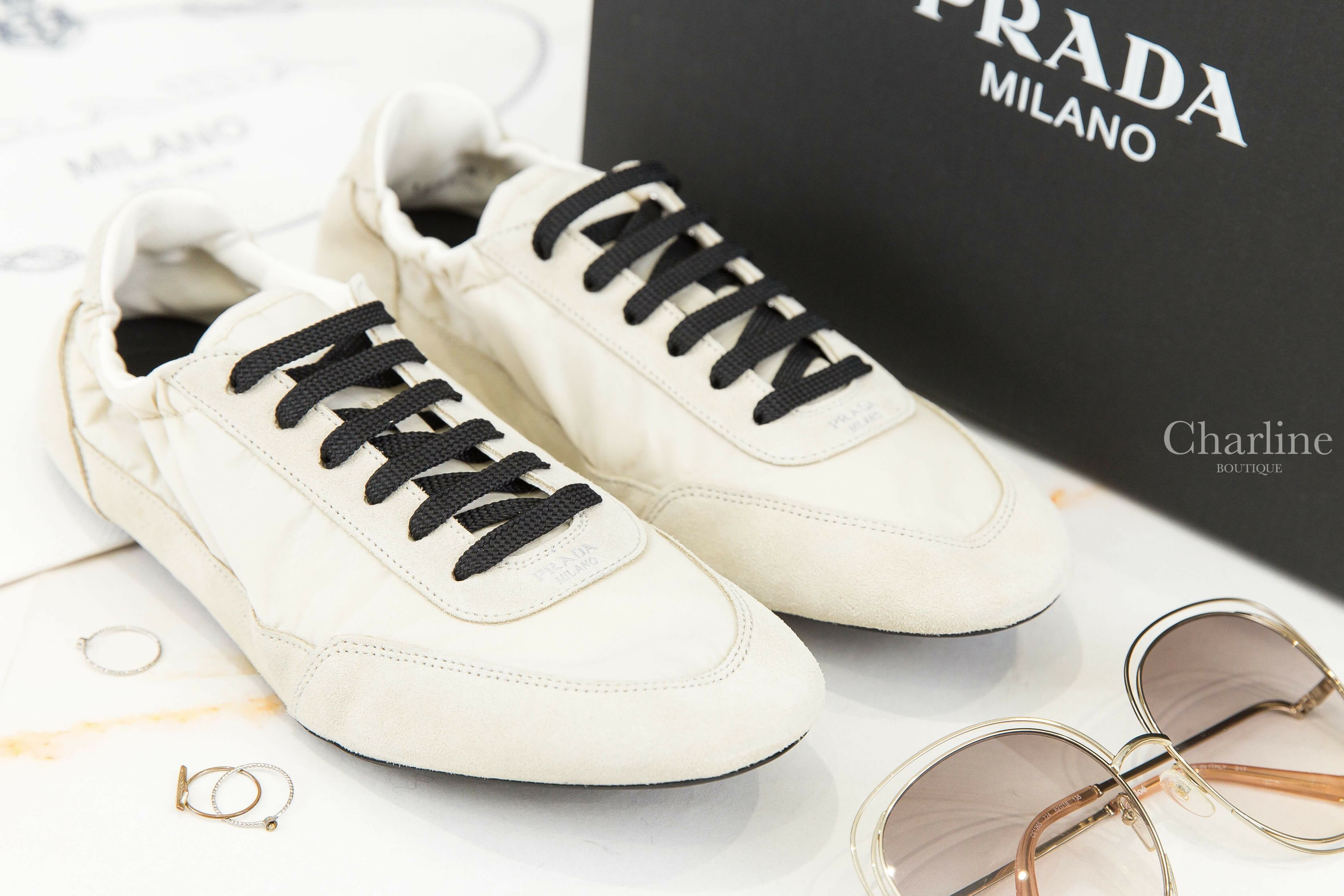 Prada Collapse Re-nylon And Suede Sneakers 香草白再生尼龍拼麂皮黑色鞋帶芭蕾舞球鞋