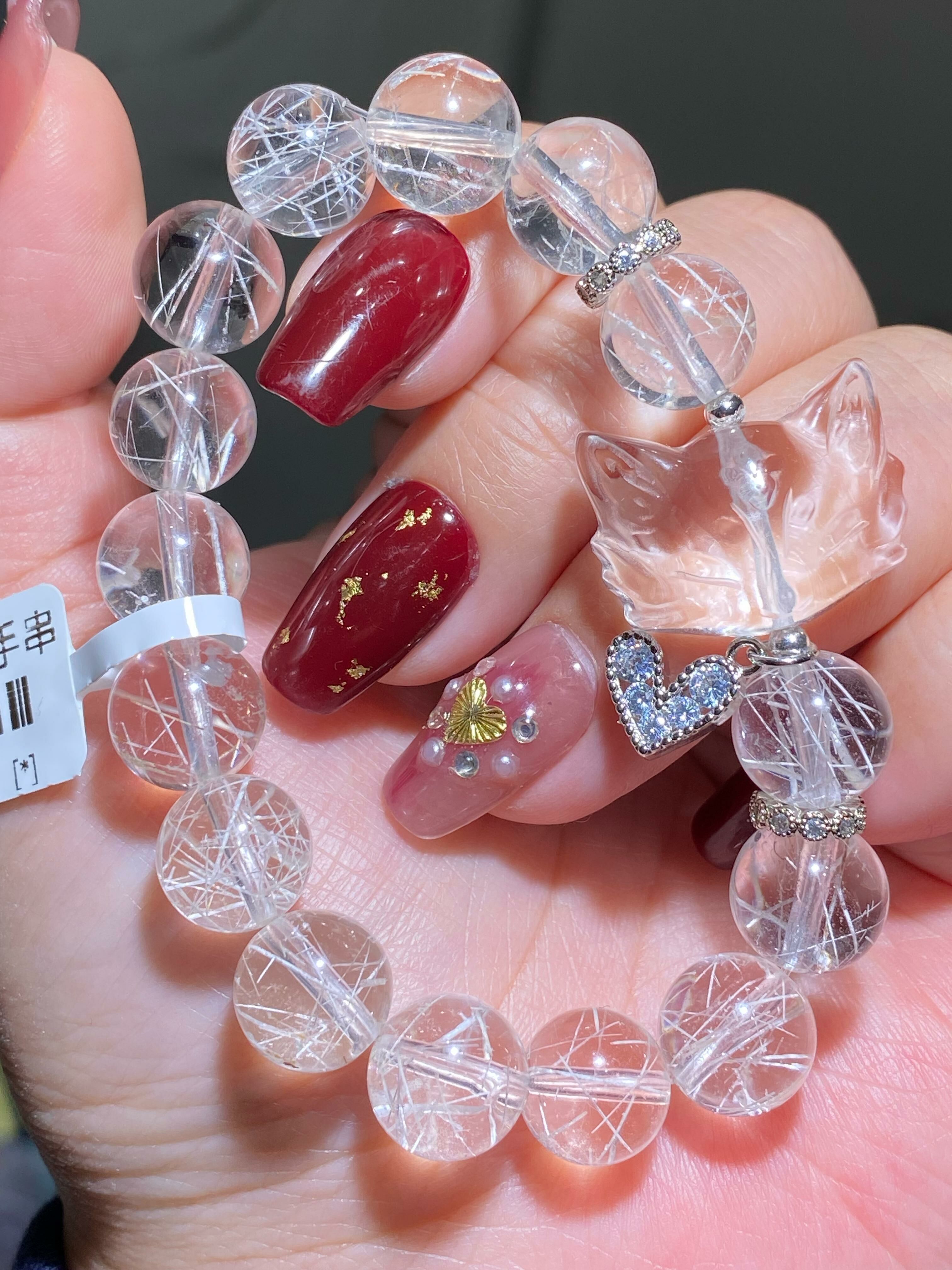 雪霜髮配白水晶貓貓狐手串