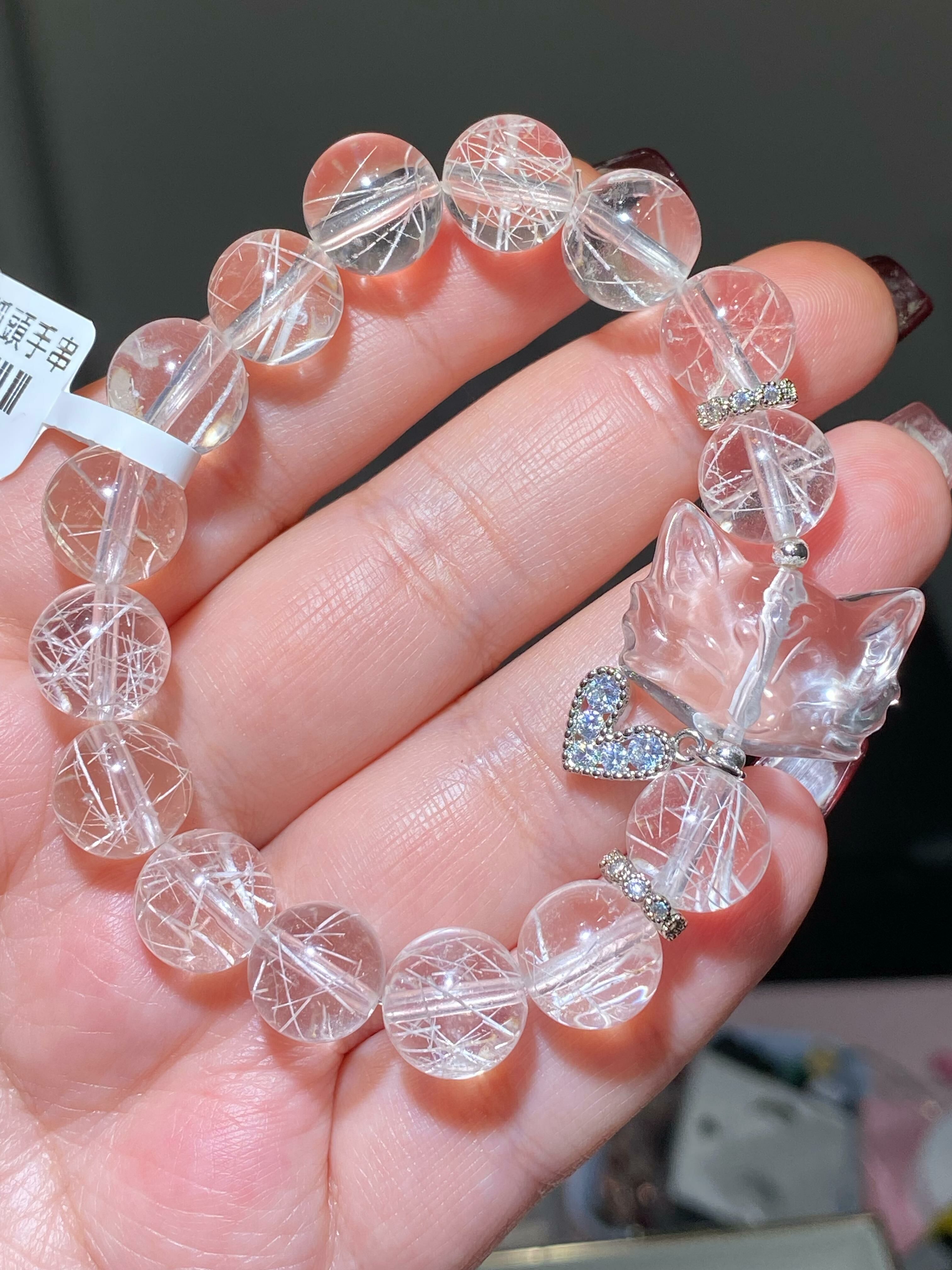 雪霜髮配白水晶貓貓狐手串