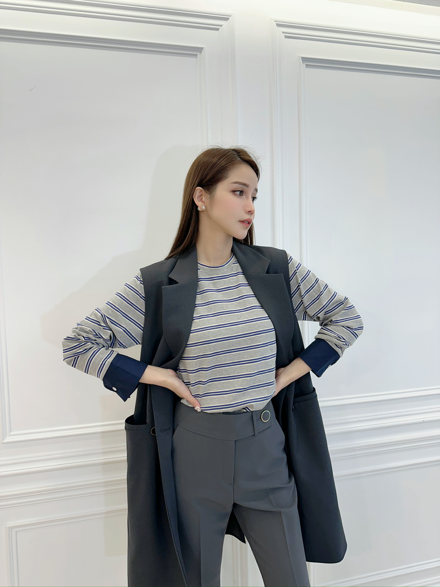 撞色袖條紋長袖上衣