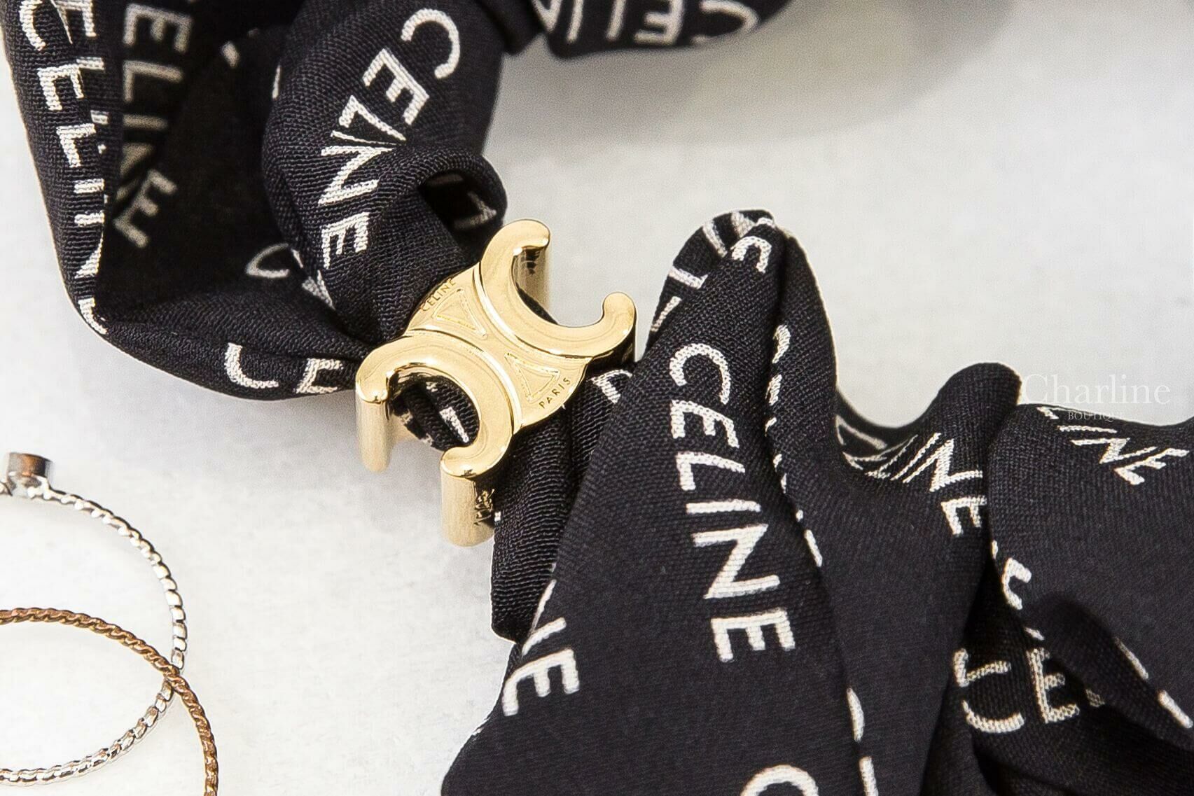 Celine Celine Scrunchy Rayure In Silk And Brass With Gold Finish 黑底白字金色凱旋門絲質髮束