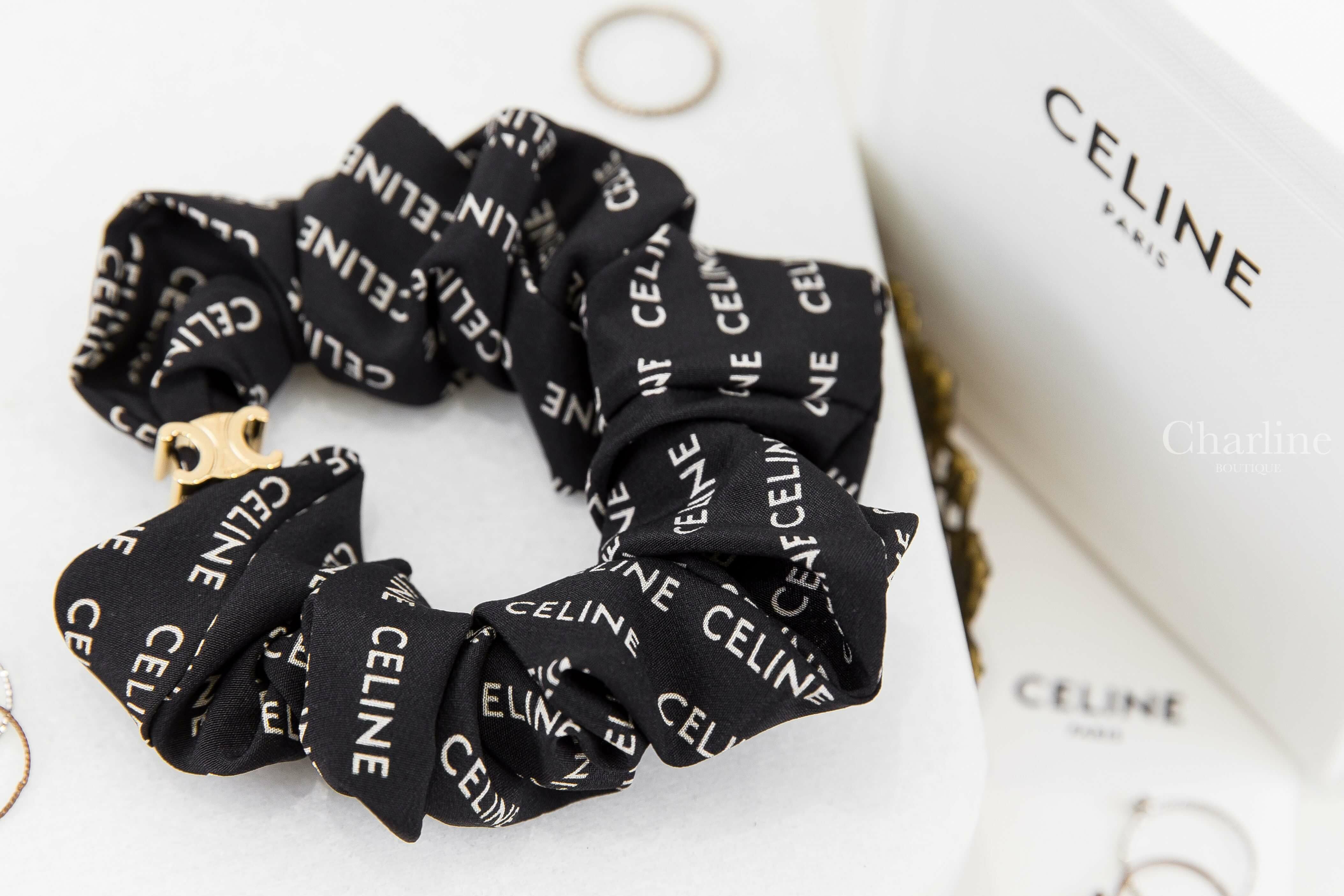 Celine Celine Scrunchy Rayure In Silk And Brass With Gold Finish 黑底白字金色凱旋門絲質髮束