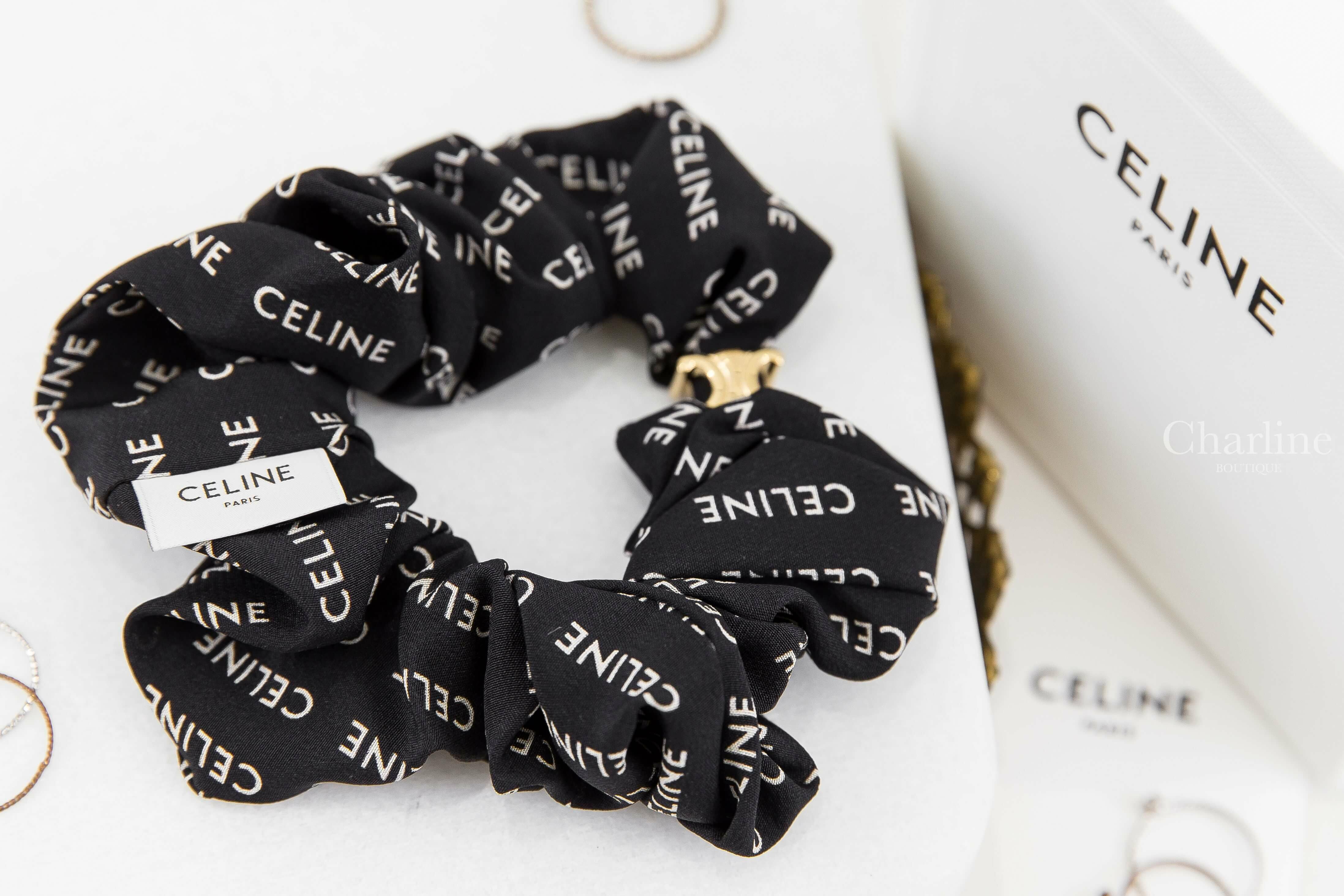 Celine Celine Scrunchy Rayure In Silk And Brass With Gold Finish 黑底白字金色凱旋門絲質髮束-Charline Boutique 精品代購