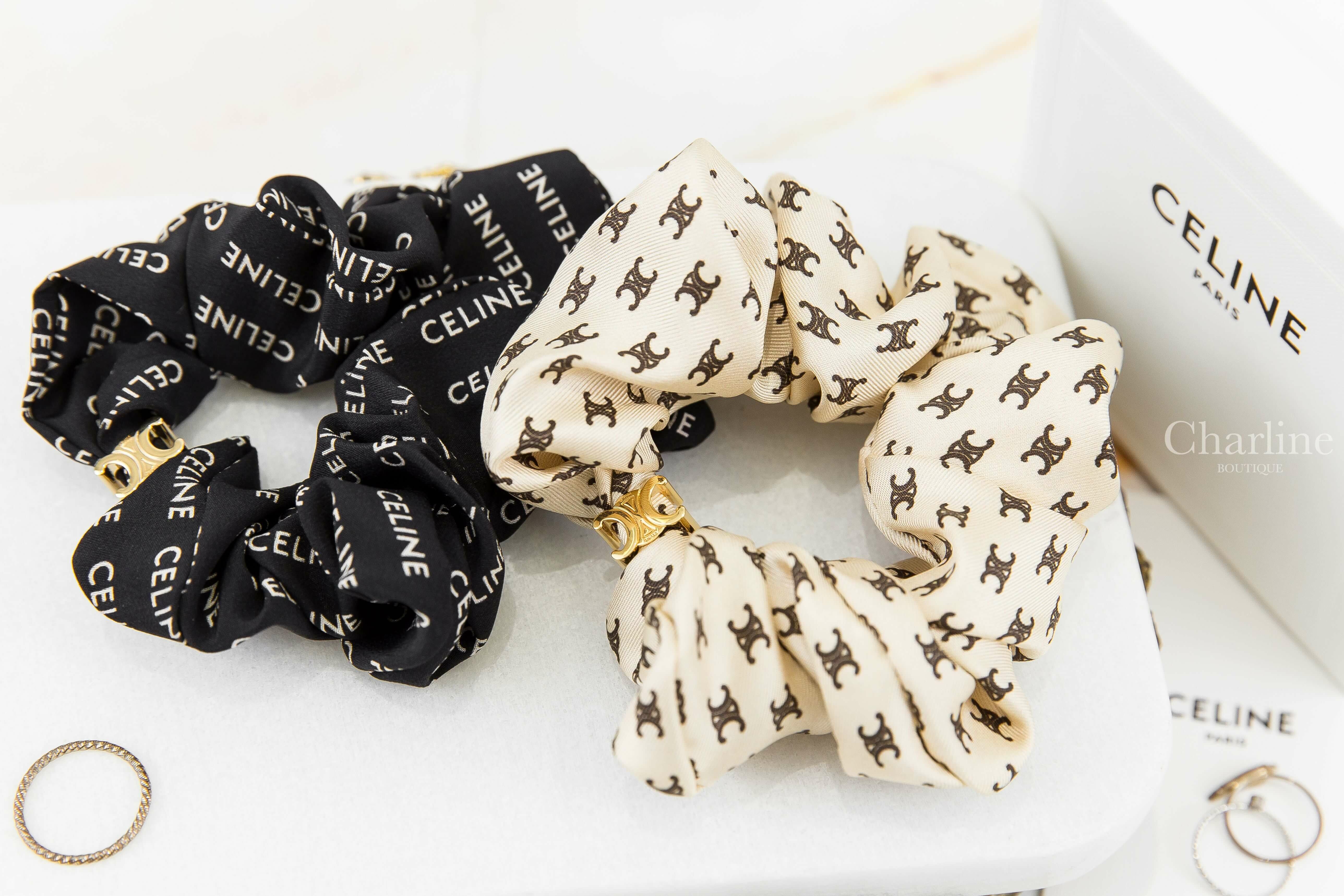 Celine Scrunchy 香草白底栗子棕凱旋門金色凱旋門絲質髮束,Celine Scrunchy 黑底白字金色凱旋門絲質髮束-Charline Boutique 精品代購