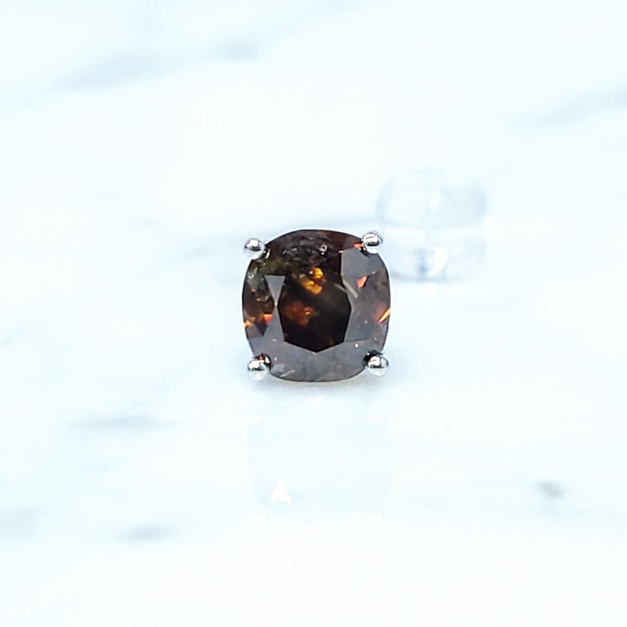 18K White Gold 1.36ct Fancy Brown Cushion Cut Diamond Single Earring