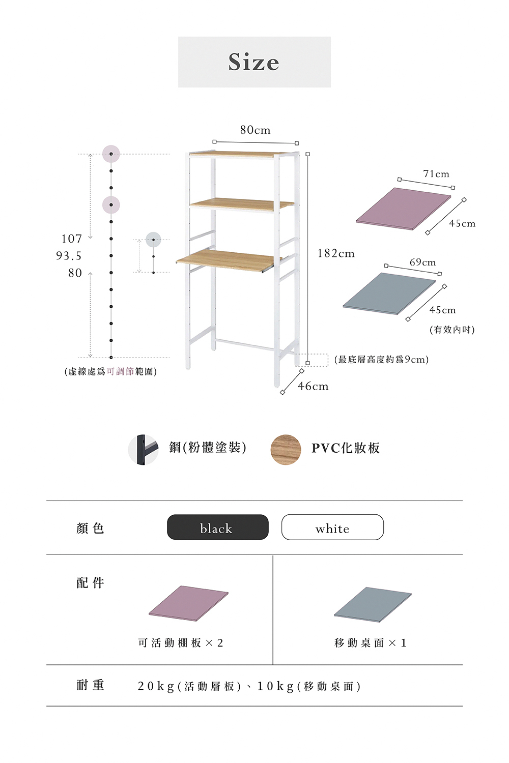 Brooklyn Series臺灣製高承重調節式三層落地置物收納架(高182cmx寬80cm / 白色)