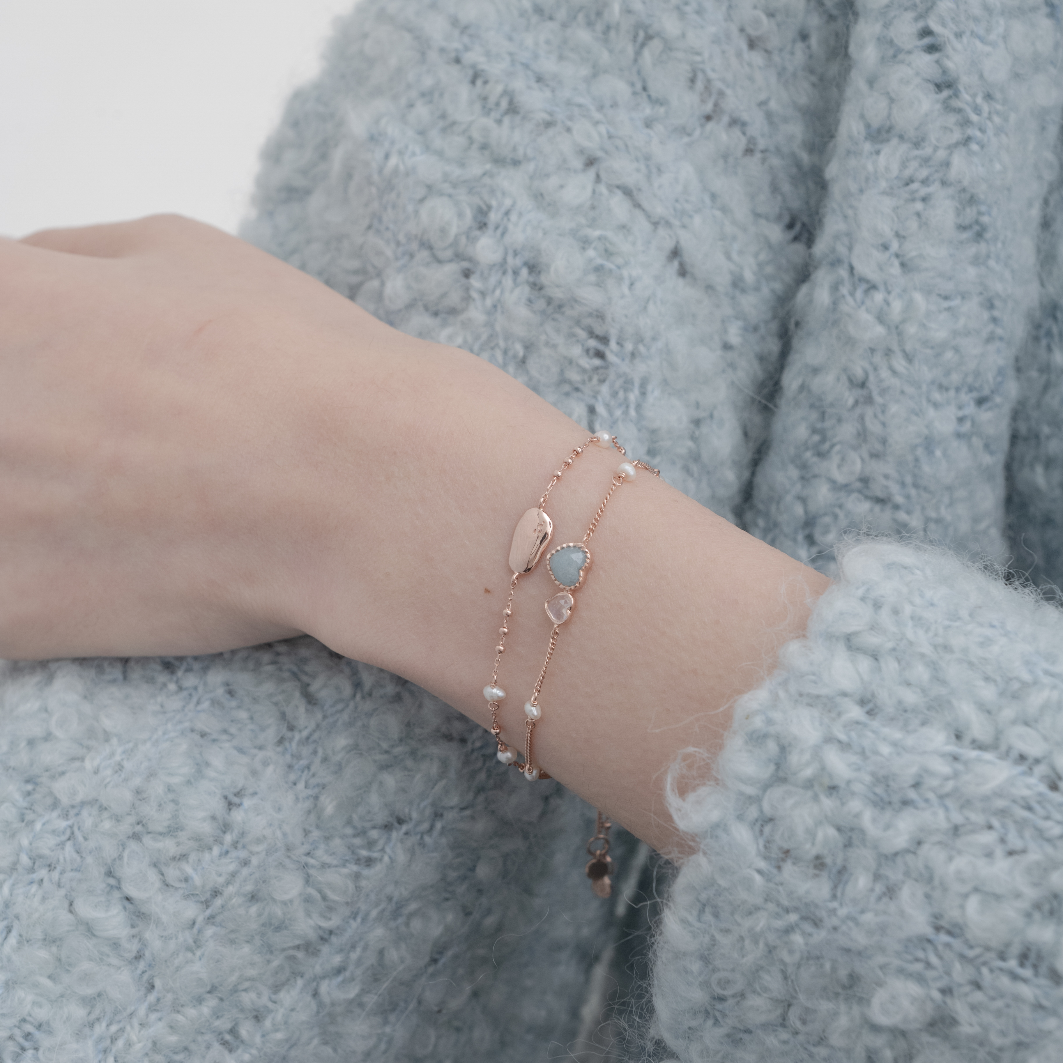 Double heart水藍石英月光石手鍊