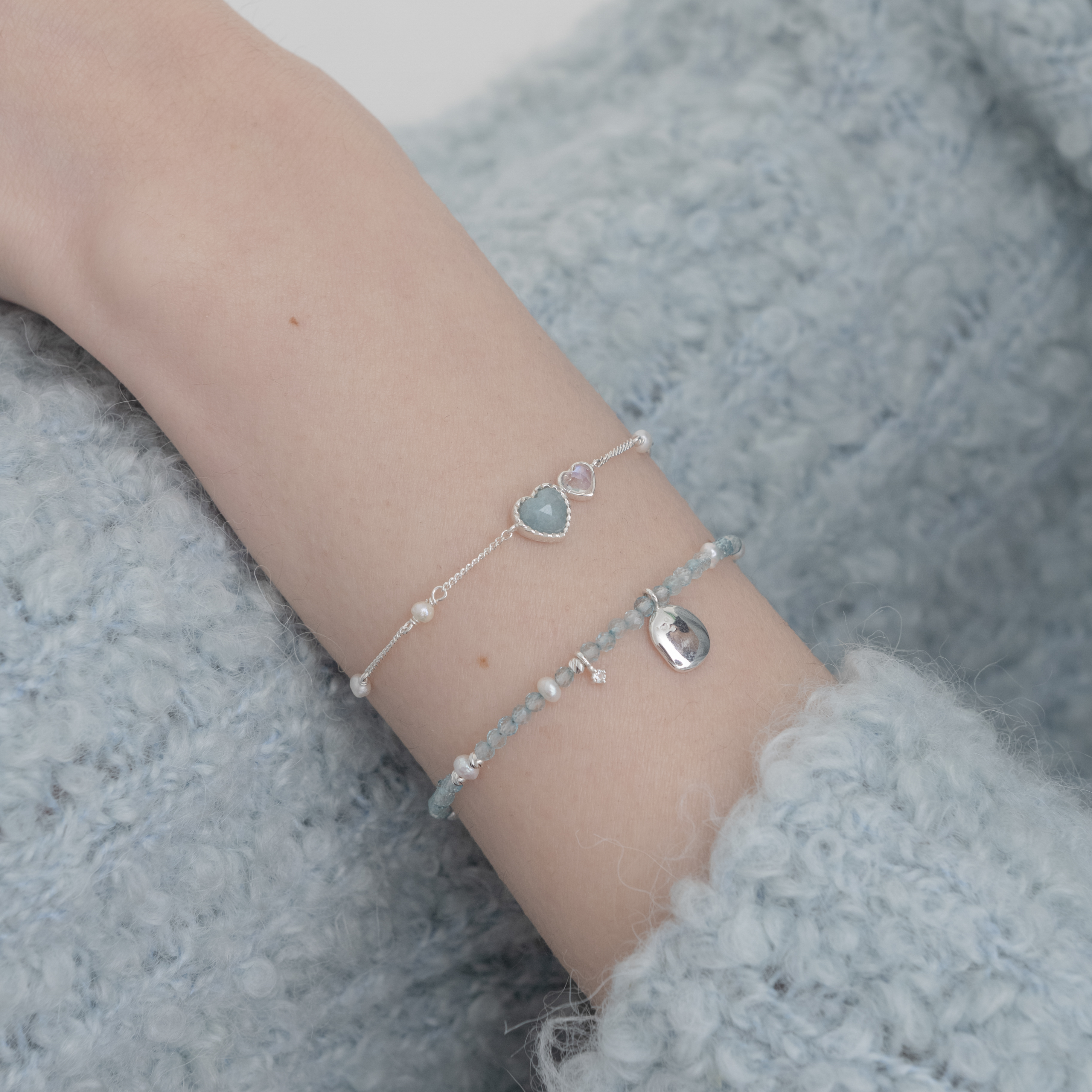 Double heart水藍石英月光石手鍊
