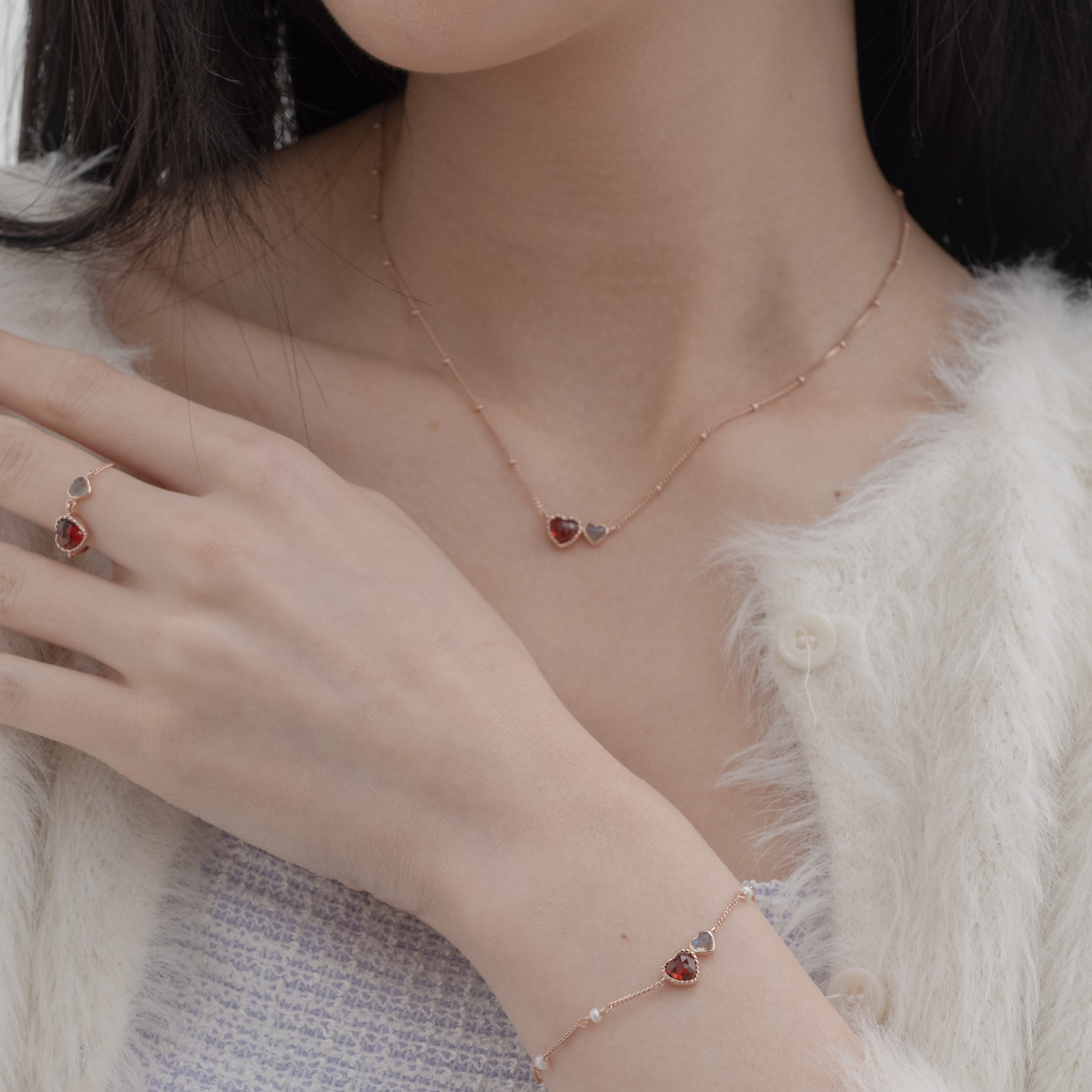 Double heart石榴拉長石項鍊