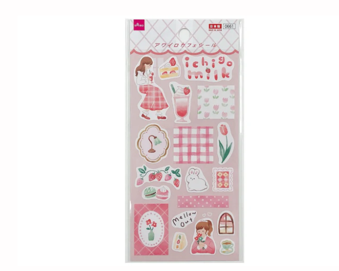 Daiso - Sticker Sheet - Awairo Cafe, strawberry milk