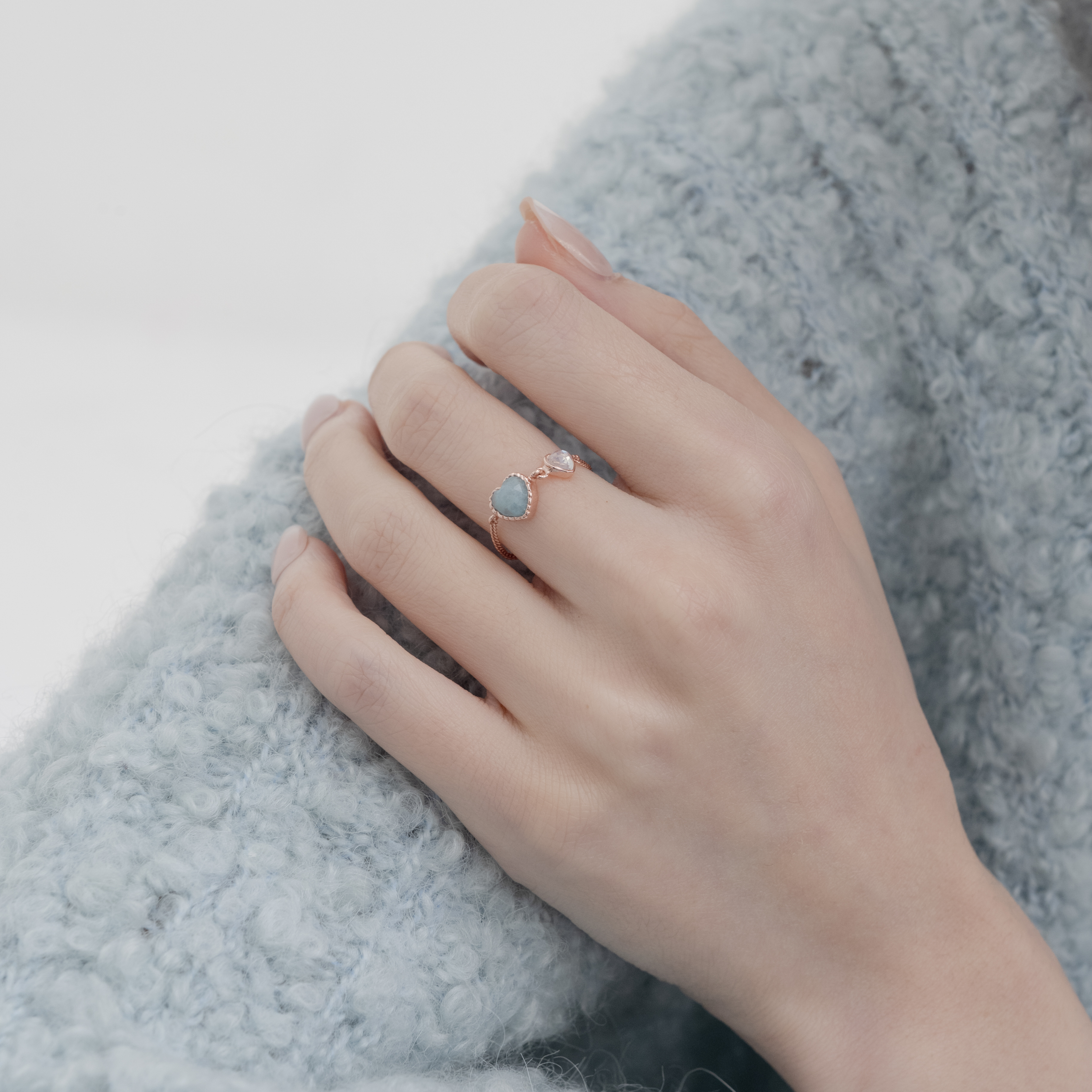 Double heart水藍石英月光石鍊戒