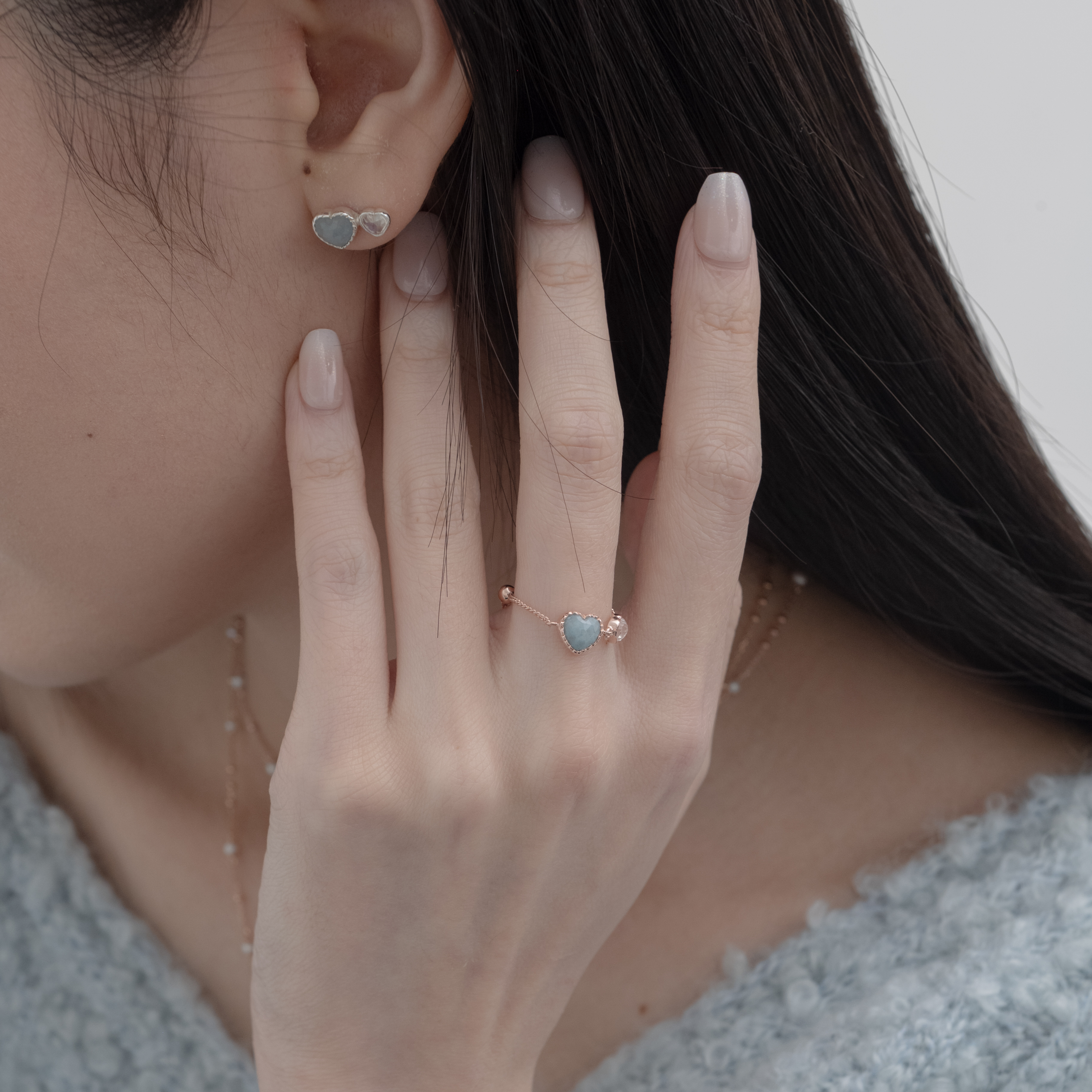 Double heart水藍石英月光石耳環