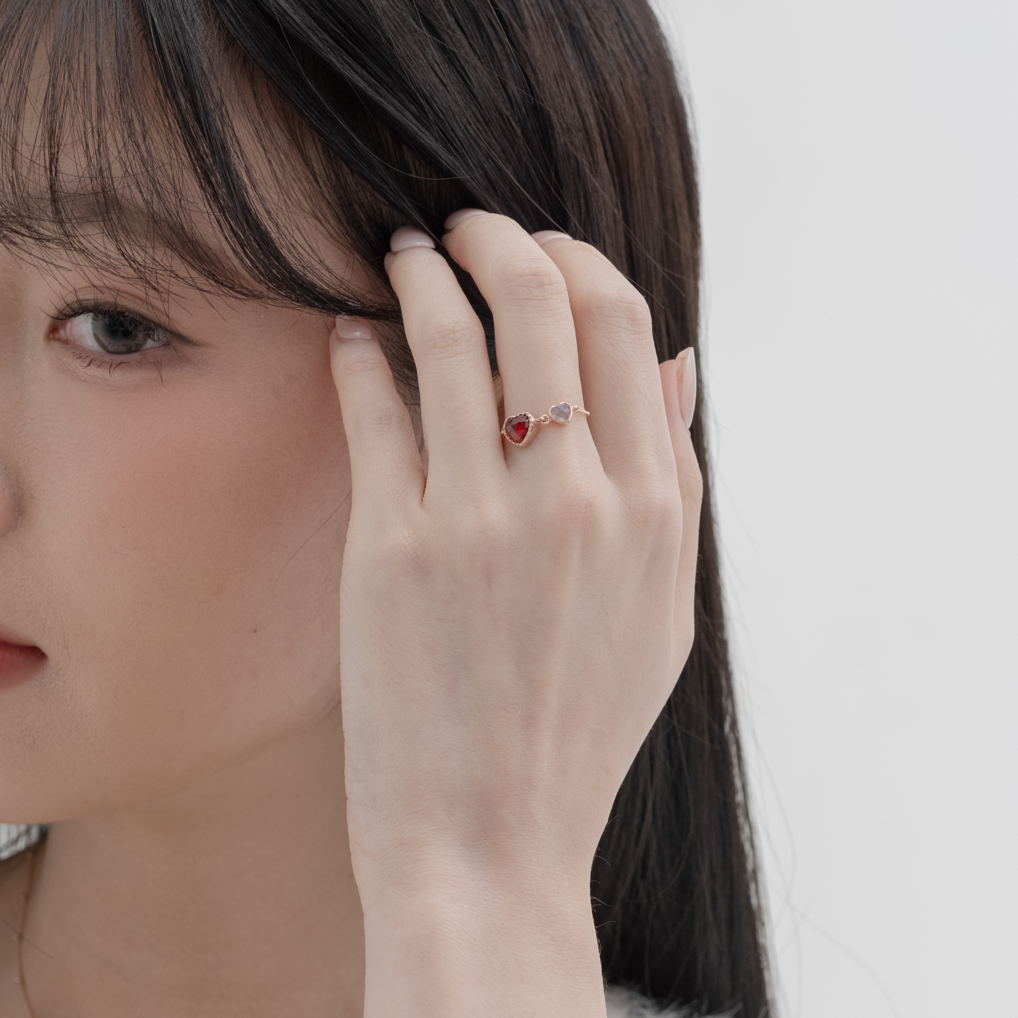 Double heart石榴拉長石鍊戒