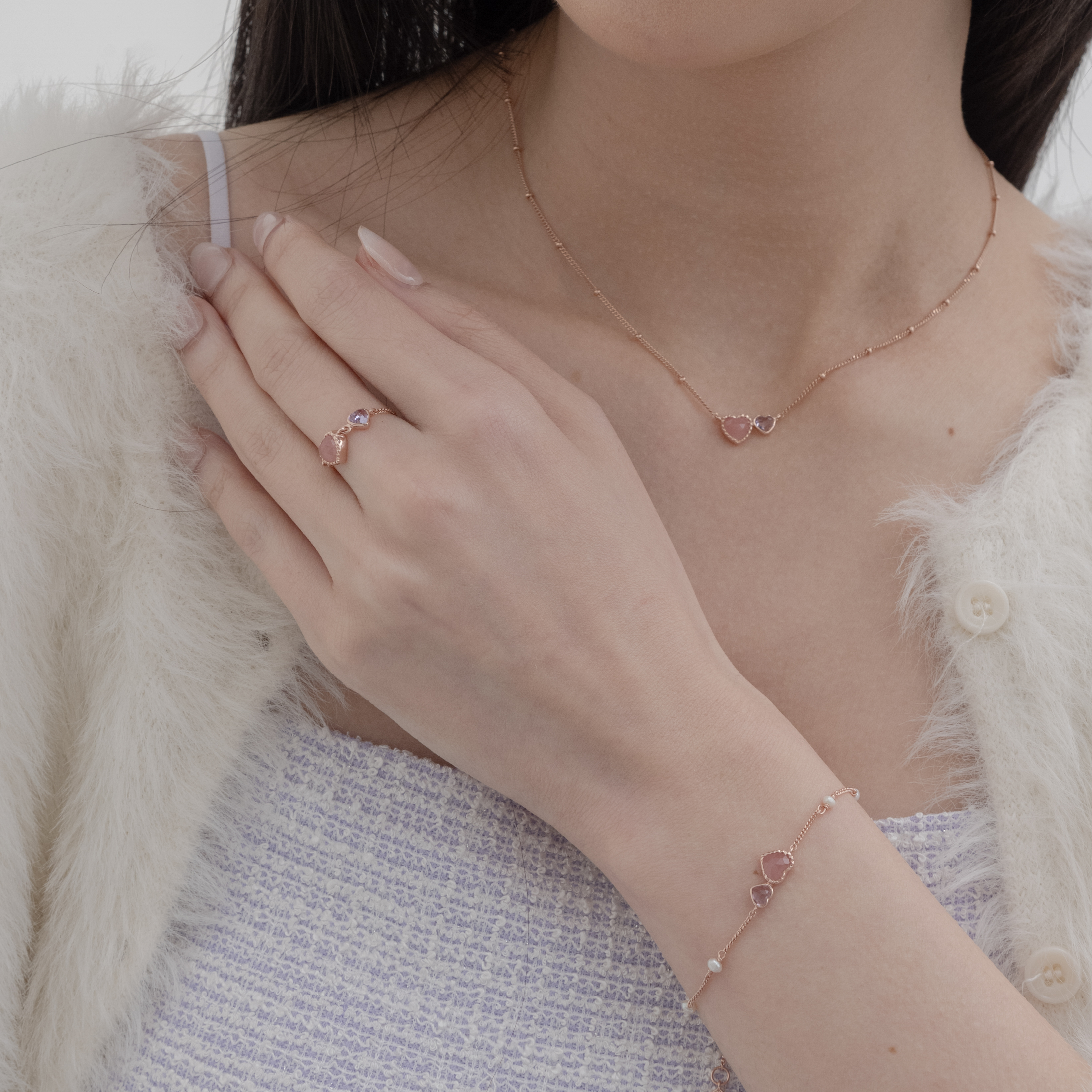 Double heart粉紅石英紫水晶鍊戒
