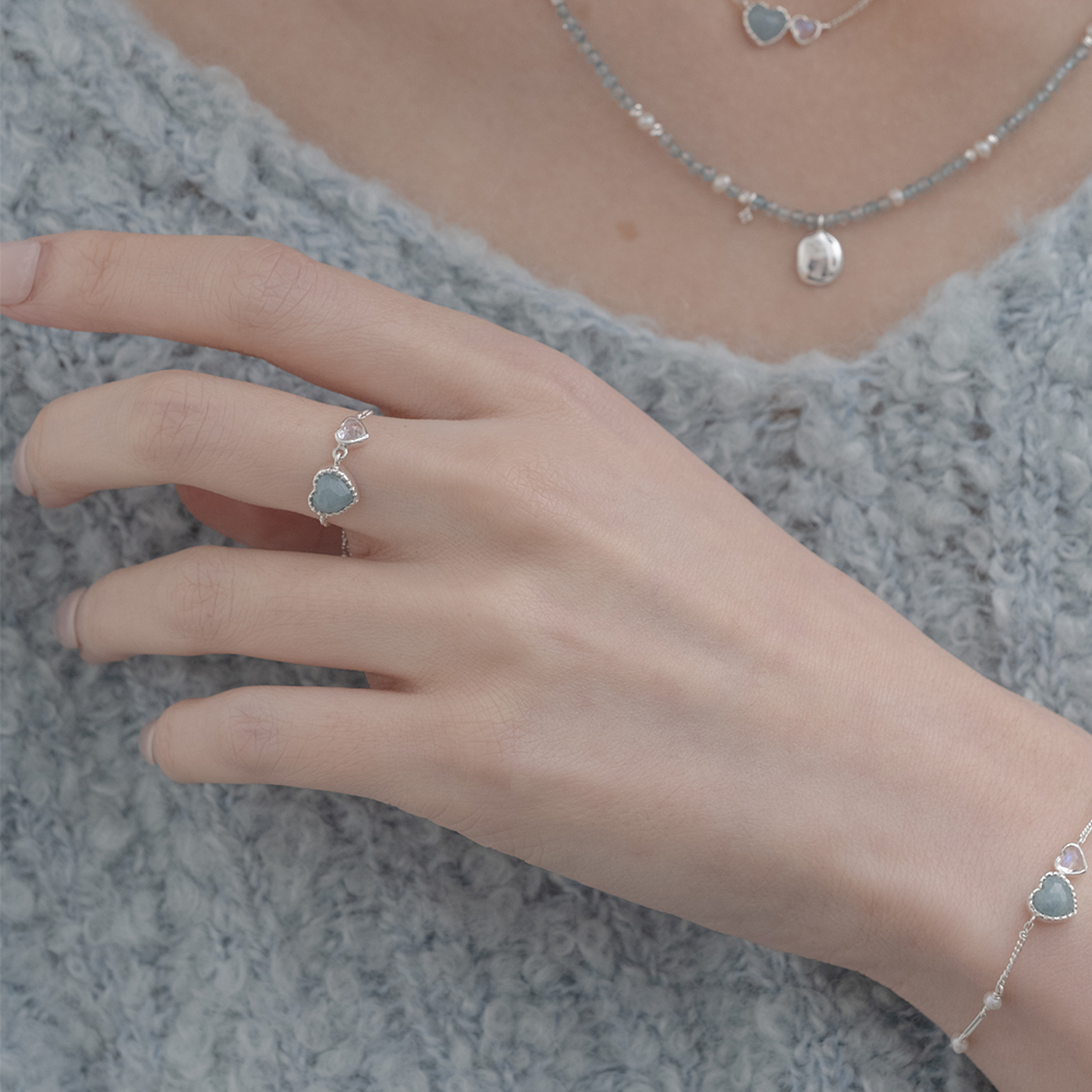 Double heart水藍石英月光石鍊戒