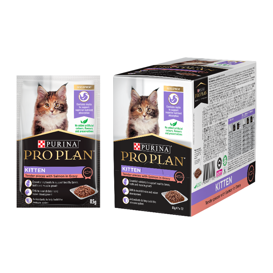 冠能 袋裝濕糧 - 幼貓配方 (醬汁三文魚) 85G [ 原箱 12包 ]