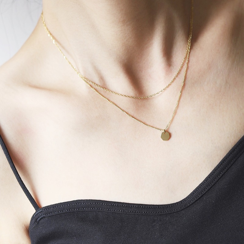 六角型雙面紋雙層項鍊 金色