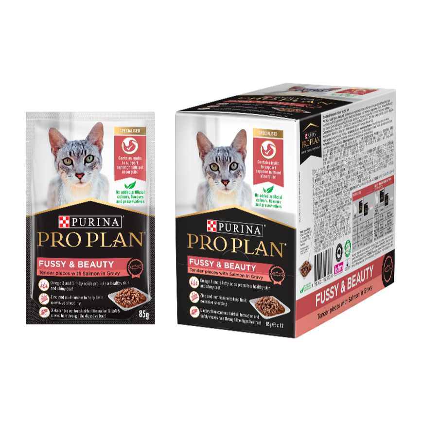 冠能 袋裝濕糧 - 成貓美毛亮麗配方 (醬汁三文魚) 85G X 12包 [ 原箱 12包 ]