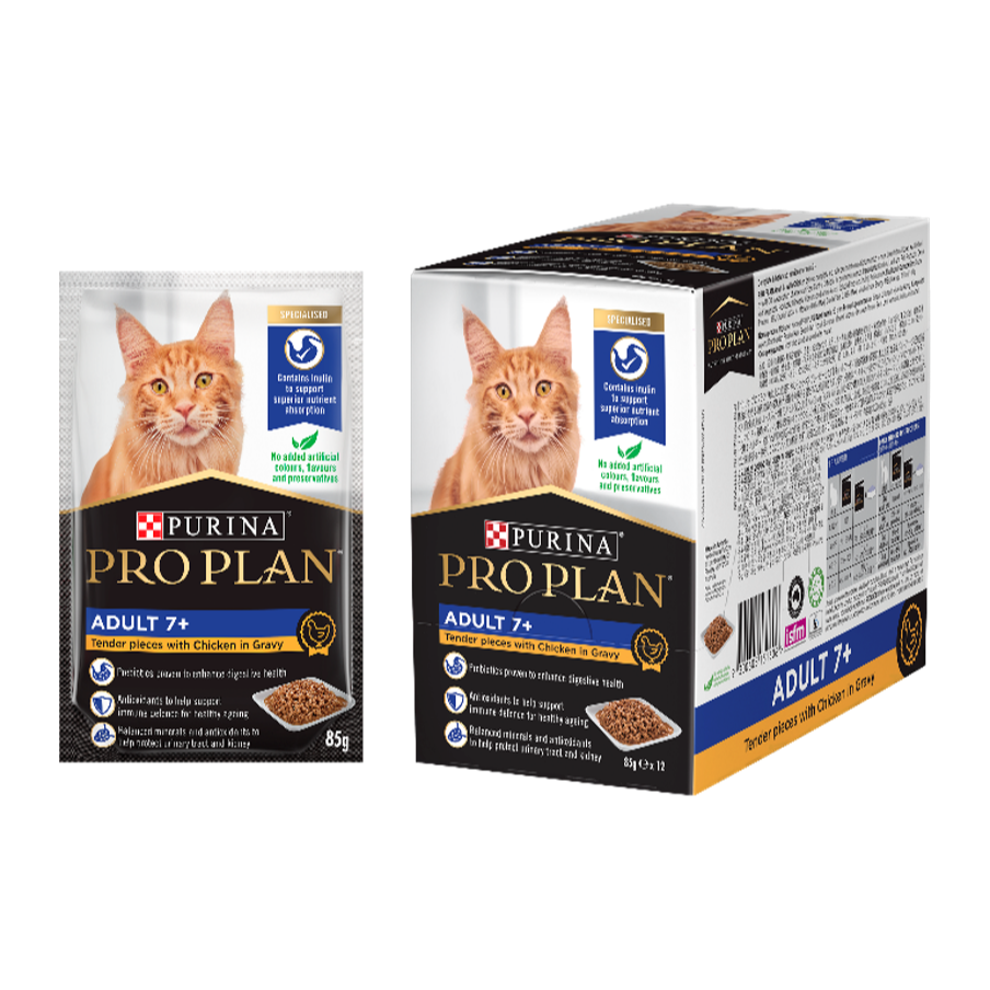 冠能 袋裝濕糧 - 成貓 7+ 配方 (醬汁雞肉) 85G X 12包 [ 原箱 12包 ]