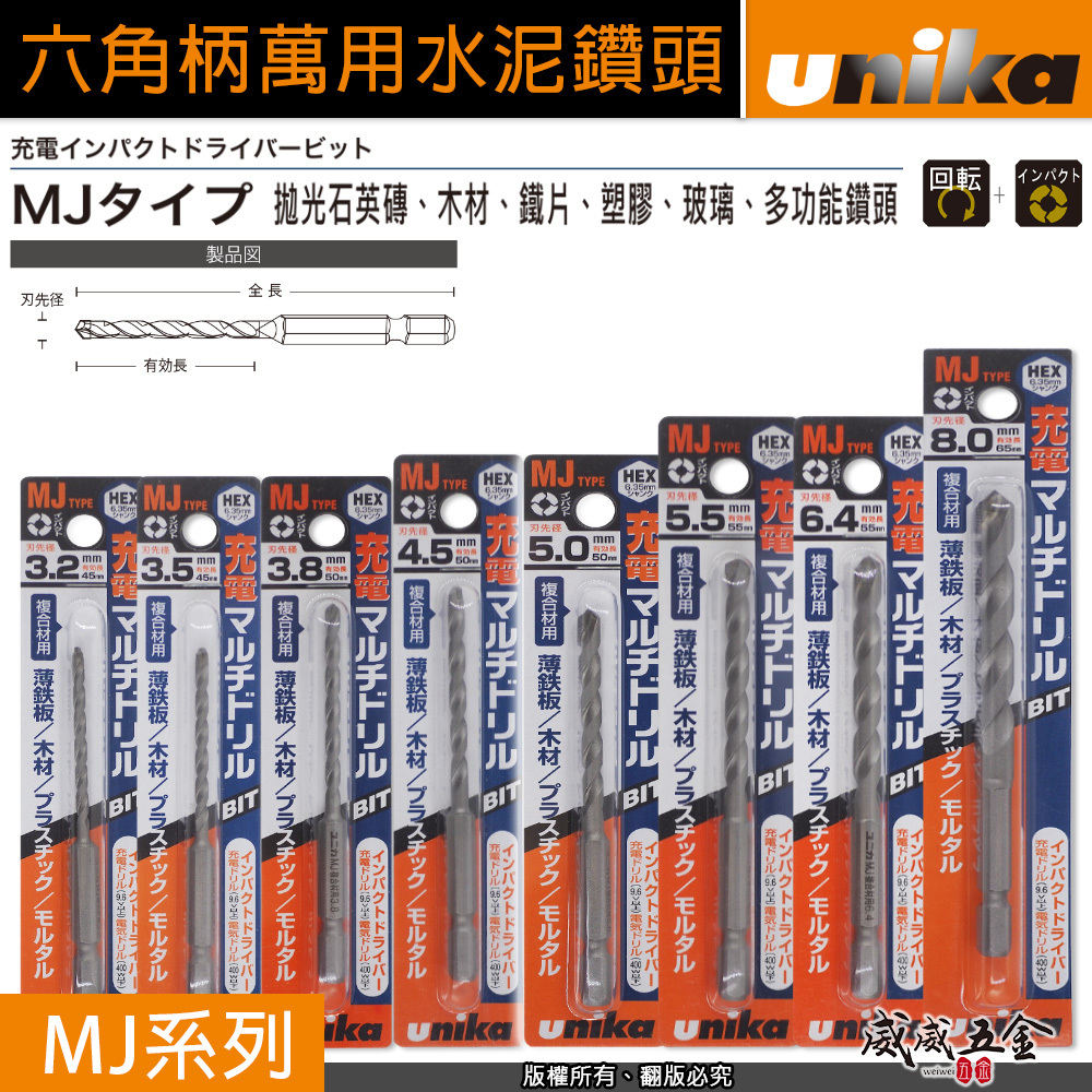 UNIKA 日本｜3-10.5mm 六角柄多功能鑽頭 六角軸萬用鑽尾 拋光石英木材塑膠 六角鑽尾｜MJ系列｜萬用鑽頭｜公司貨