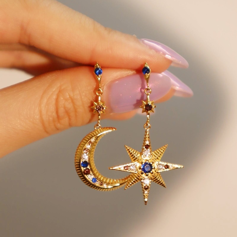 星月不對稱鋯石耳環 兩色