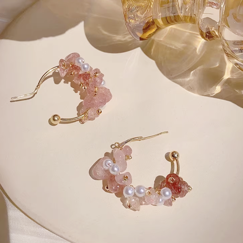 粉晶圈圈耳環 粉色